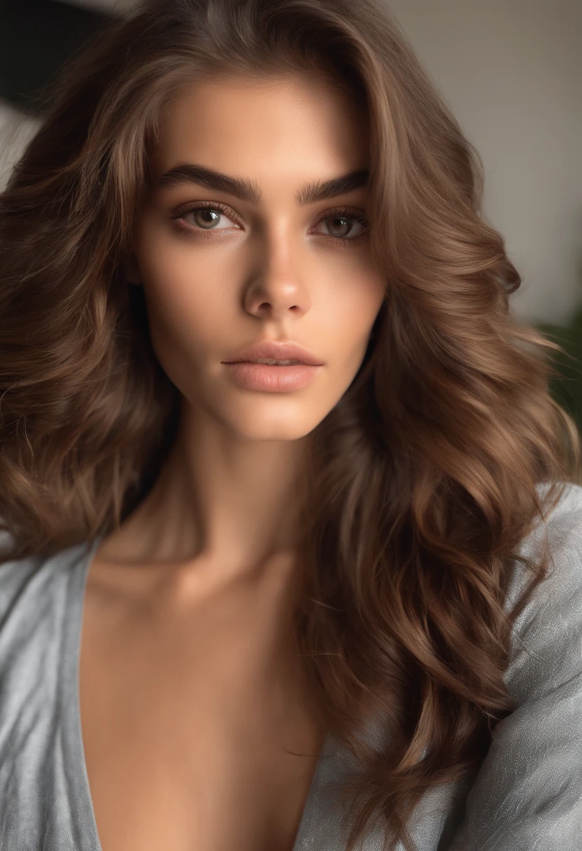 Arafed woman in sheer lingerie and thong, Sexy girl with brown eyes, Portrait of Kaia Gerber , brown hair and large eyes, selfie of a young woman, Eyes Bedroom , no makeup, natural makeup, looking straight at camera, face with artgram, fine makeup, Stunning full-length shot, in bedroom, split ends long hair
