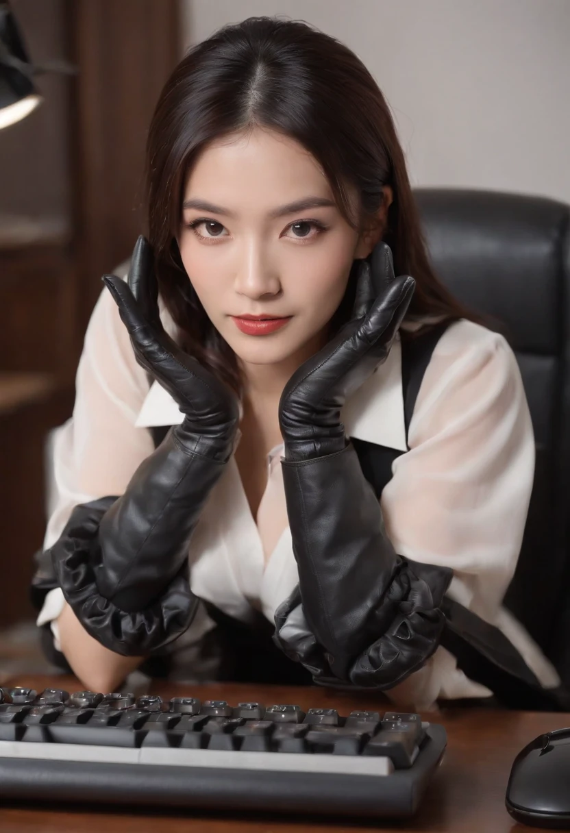 Wearing black leather gloves in both hands, upper body, black business suit, facing the desk in my room with a computer in the dark, tapping the keys of the computer keyboard with the fingertips of black leather gloves while looking at the screen, black hair bundled in the back for a long time, Japanese female new employee (black leather gloves cover both hands) (angle is in the front)