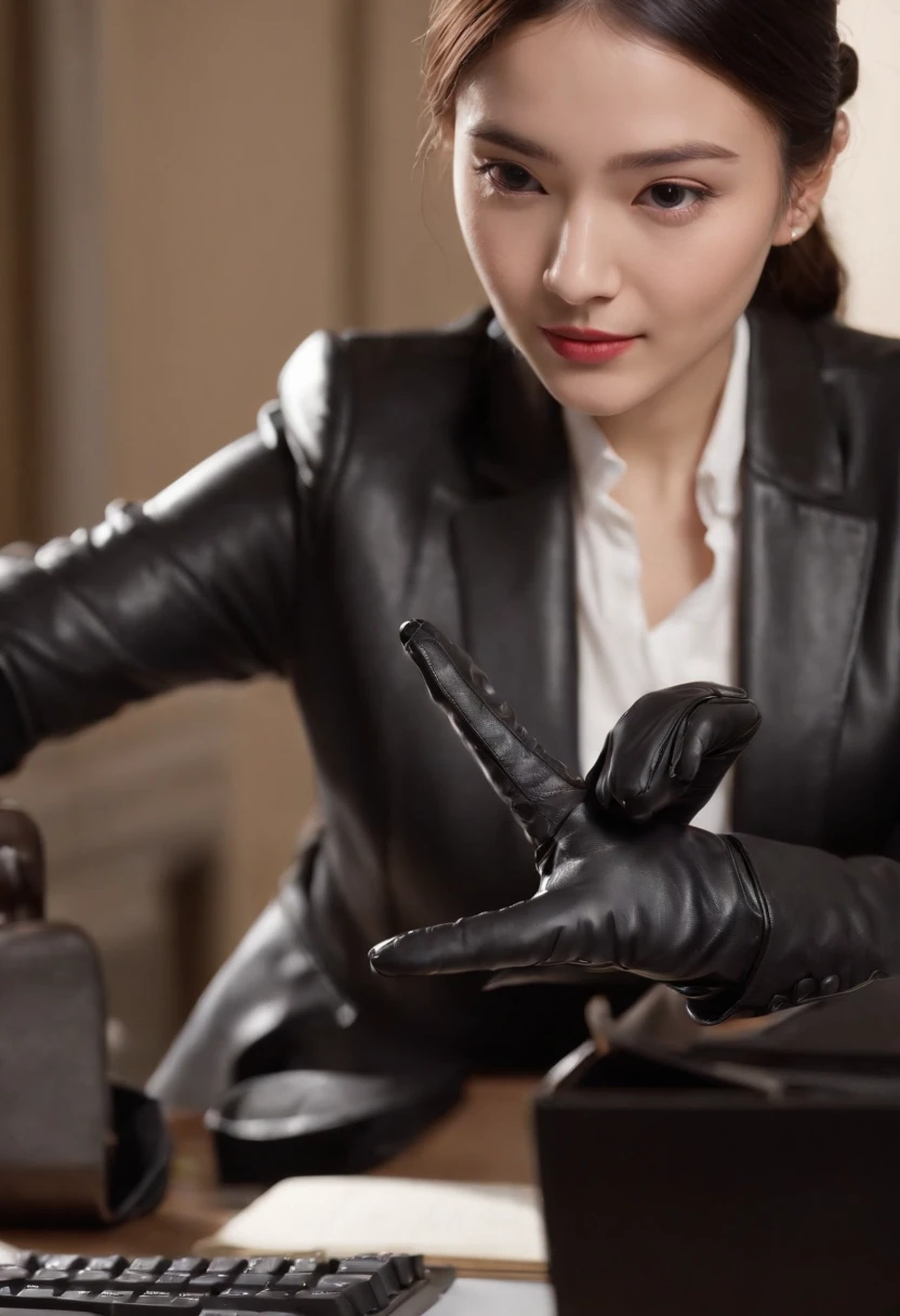Wearing black leather gloves in both hands, upper body, black business suit, facing the desk in my room with a computer in the dark, tapping the keys of the computer keyboard with the fingertips of black leather gloves while looking at the screen, black hair bundled in the back for a long time, Japanese female new employee (black leather gloves cover both hands) (angle is in the front)