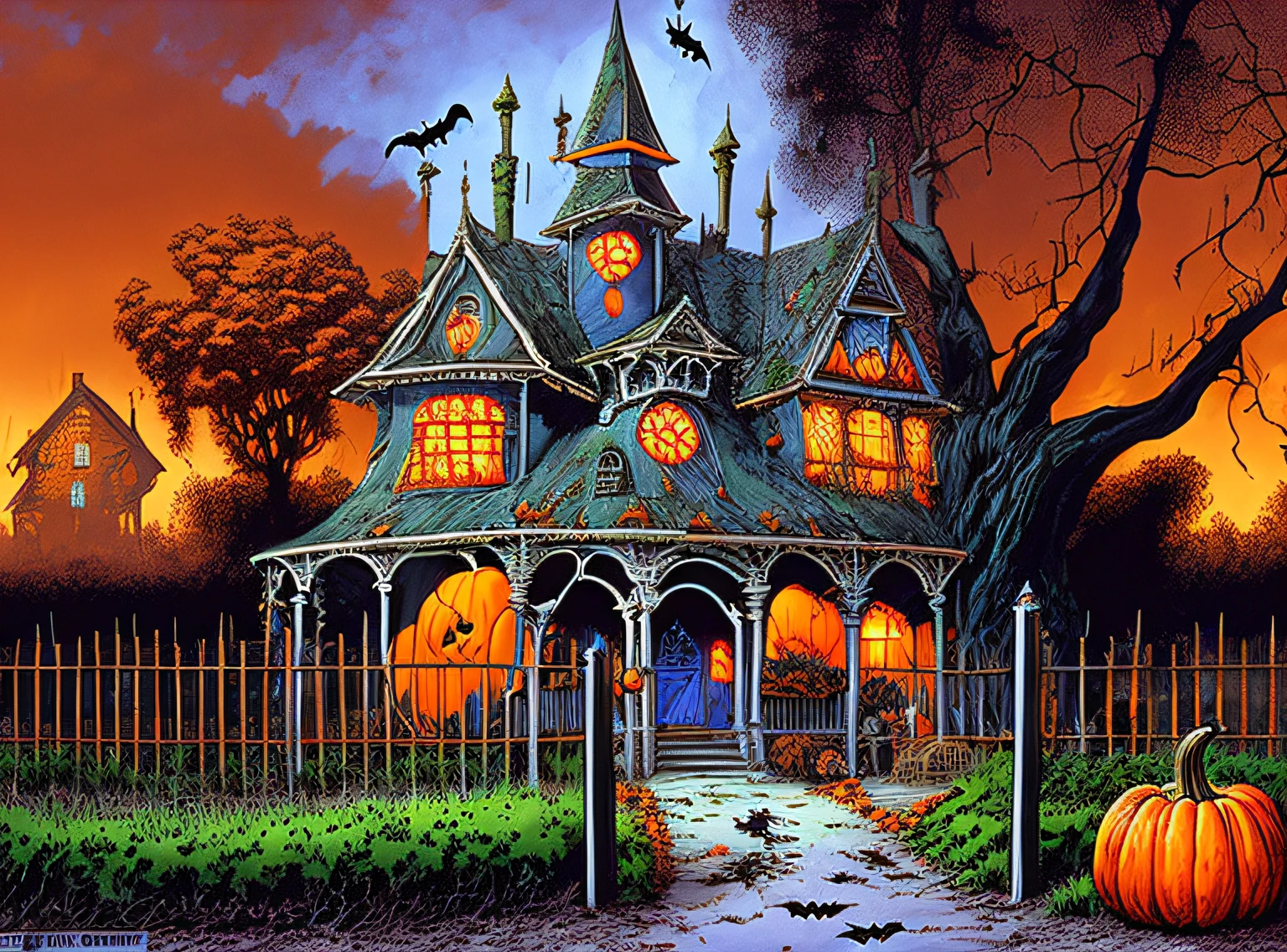 painting of a house with a fence and pumpkins in front of it, halloween scene, halloween atmosphere, ultra detailed haunted house, full of colors and rich detail, spooky mansion, by Ron Walotsky, darrell k sweet, haunted background, trick or treat, mysterious highly detailed, haunting appearance, haunted house, haunted house themed, scary detailed art in color, halloween night
