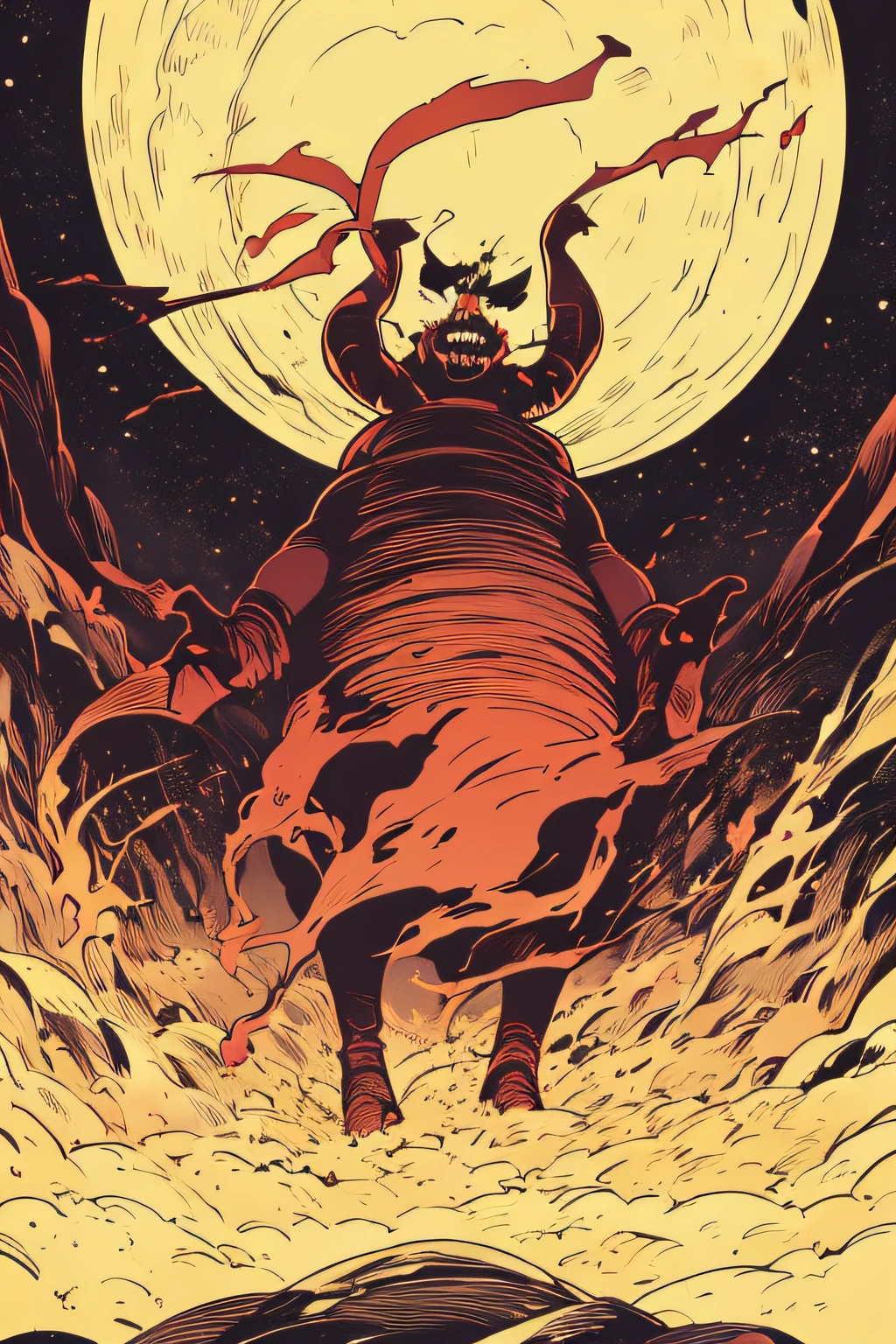 Depiction of a plump giant of hell laughing with open arms wide、Yellow costume、Yellow and black flame、a moon