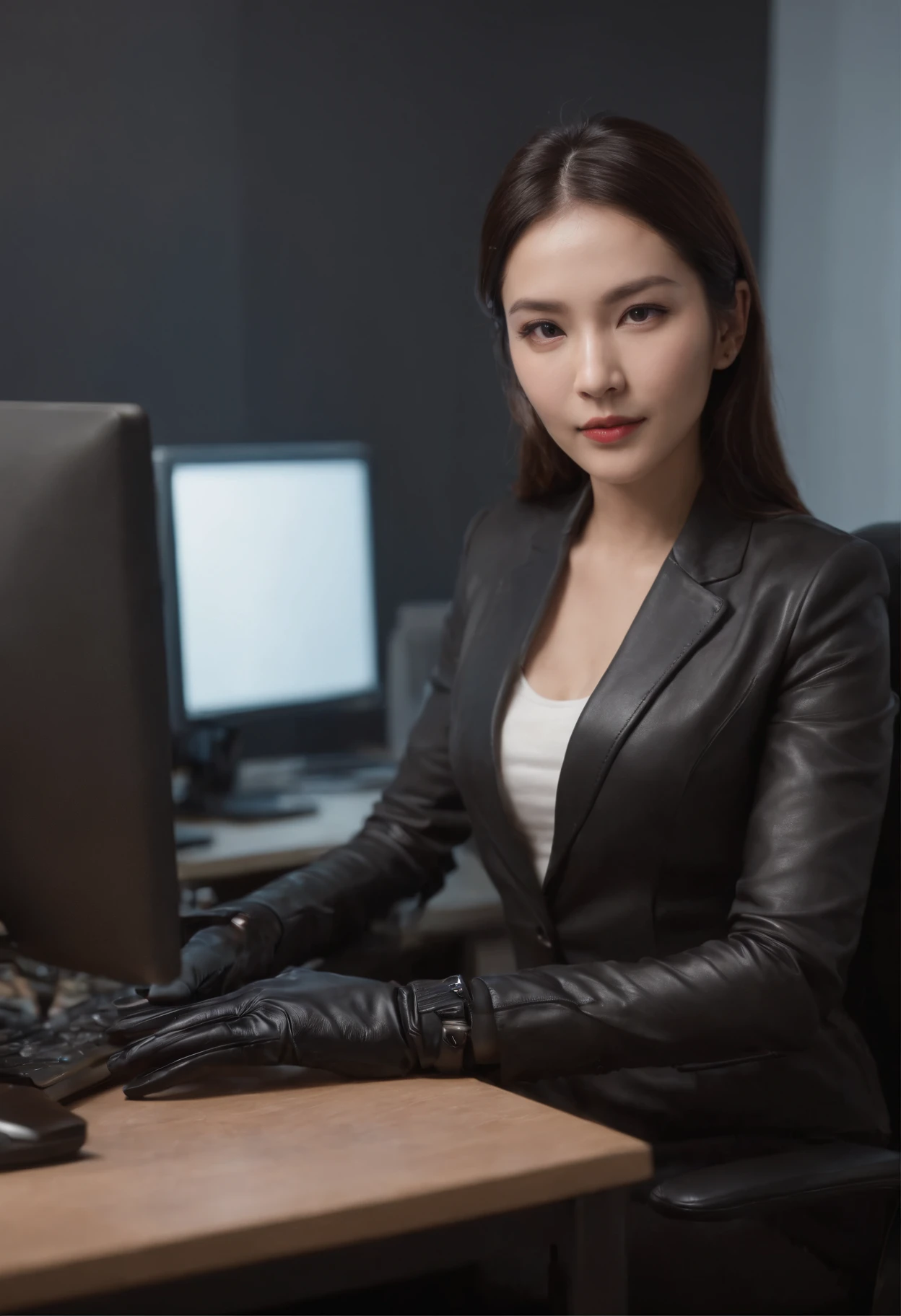 Wearing black leather gloves in both hands, upper body, black business suit, facing the desk in my room with a computer in the dark, tapping the keys of the computer keyboard with the fingertips of black leather gloves while looking at the screen, black hair bundled in the back for a long time, Japanese female new employee (black leather gloves cover both hands) (angle is in the front)
