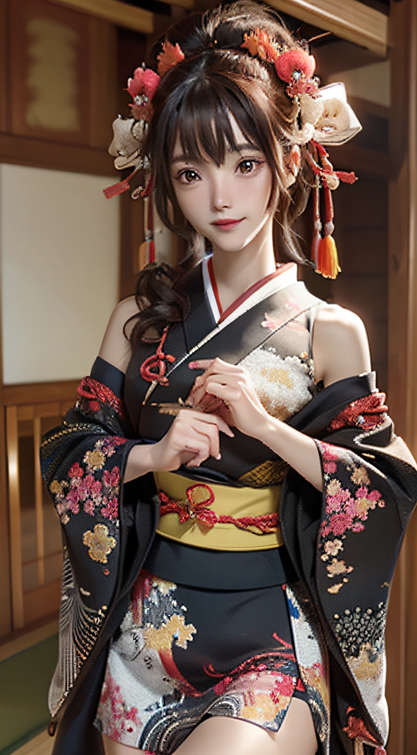 Official art, 统一 8k 壁纸, ultra-detailliert, Beautifully Aesthetic, masterpiece, top-quality, (Zentangle, Tangles, Entanglement), (Fractal Art: 1.4), 1girl in, A dark-haired, japanse, bare shoulders, a short skirt, Calf, ighly detailed, dynamic ungle, cowboy shot, (The most beautiful forms of chaos), A flowing, (bright colour), nffsw, (half: 1.2), japanese-inspired, (Tanka Flying Sky: 1.5), (bow ribbon: 1.3), (Dreams: 1.5), (A Japanese style: 1.5), Japan Phoenix、(A smile:0.5)、(japanese god)、