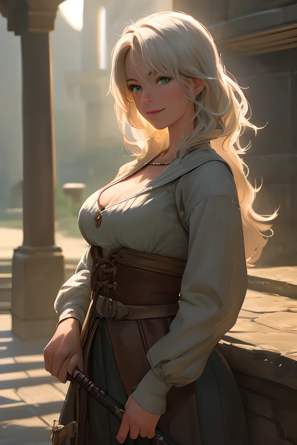 masterpiece, highres, photorealistic, real, Real photo, best quality, 8k, best quality, realistic, ultra-detailed, perfect lighting, cinematic lighting, warm light, female, solo,  looking at viewer,  wide shot, happy face, ultra detailed skin, ciri_, medieval, outdoors, cleavage, longsword, green eyes, magic,