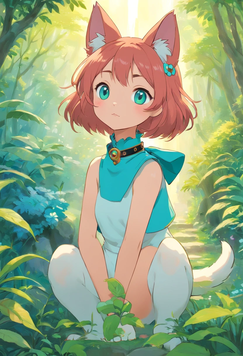 a cat monstergirl wearing an anime dog collar, a long tail and ears, in the style of tranquil gardenscapes, colorful animation stills, masami teraoka, aquamarine, paul gauguin, Embry style, honest portrayal