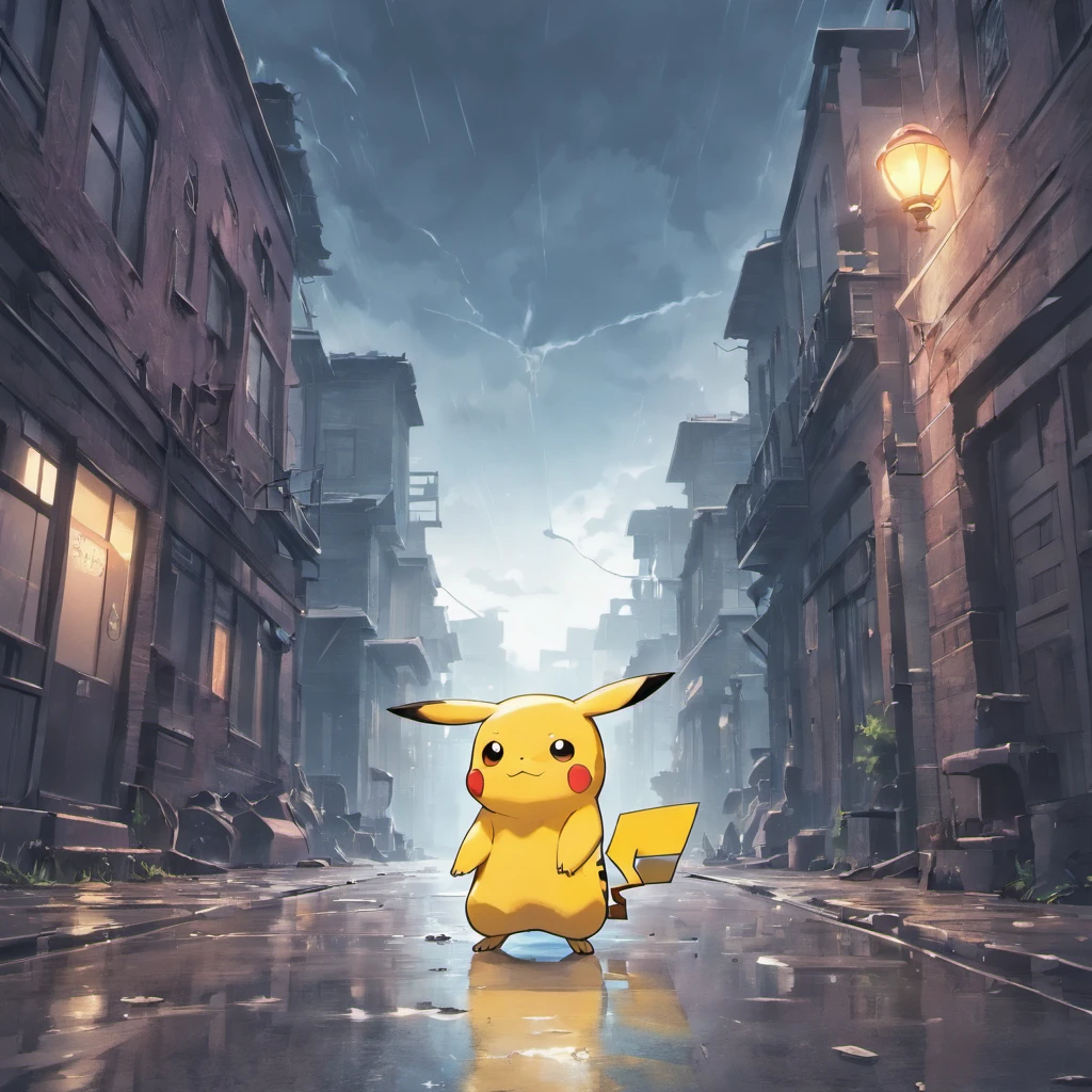 dead pikachu,"dark and gloomy","abandoned city",broken glass shards,decaying buildings,"ominous clouds","rusty metal",empty streets,fading graffiti,puddles of rainwater,"eerie silence",(best quality,4k,highres:1.2),ultra-detailed,post-apocalyptic,monochromatic color palette=subdued tones,harsh lighting