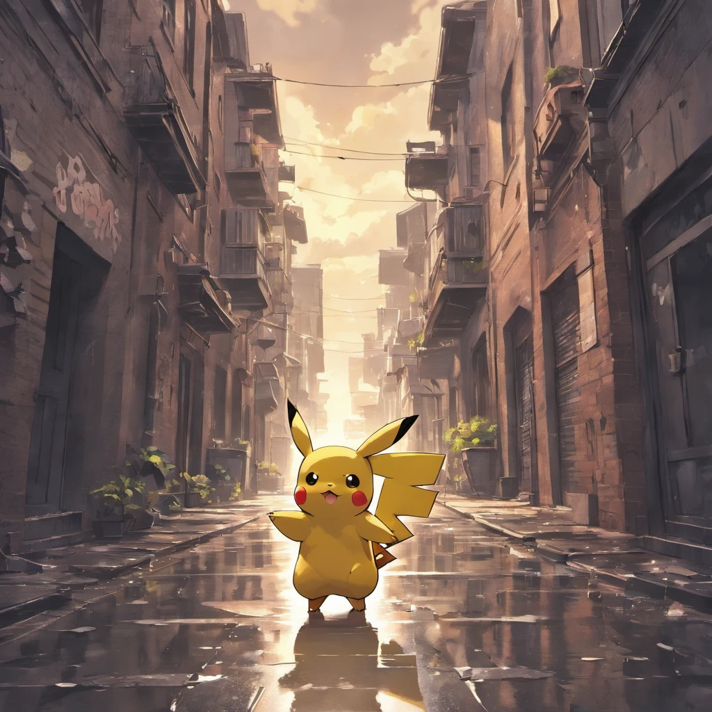 dead pikachu,"dark and gloomy","abandoned city",broken glass shards,decaying buildings,"ominous clouds","rusty metal",empty streets,fading graffiti,puddles of rainwater,"eerie silence",(best quality,4k,highres:1.2),ultra-detailed,post-apocalyptic,monochromatic color palette=subdued tones,harsh lighting