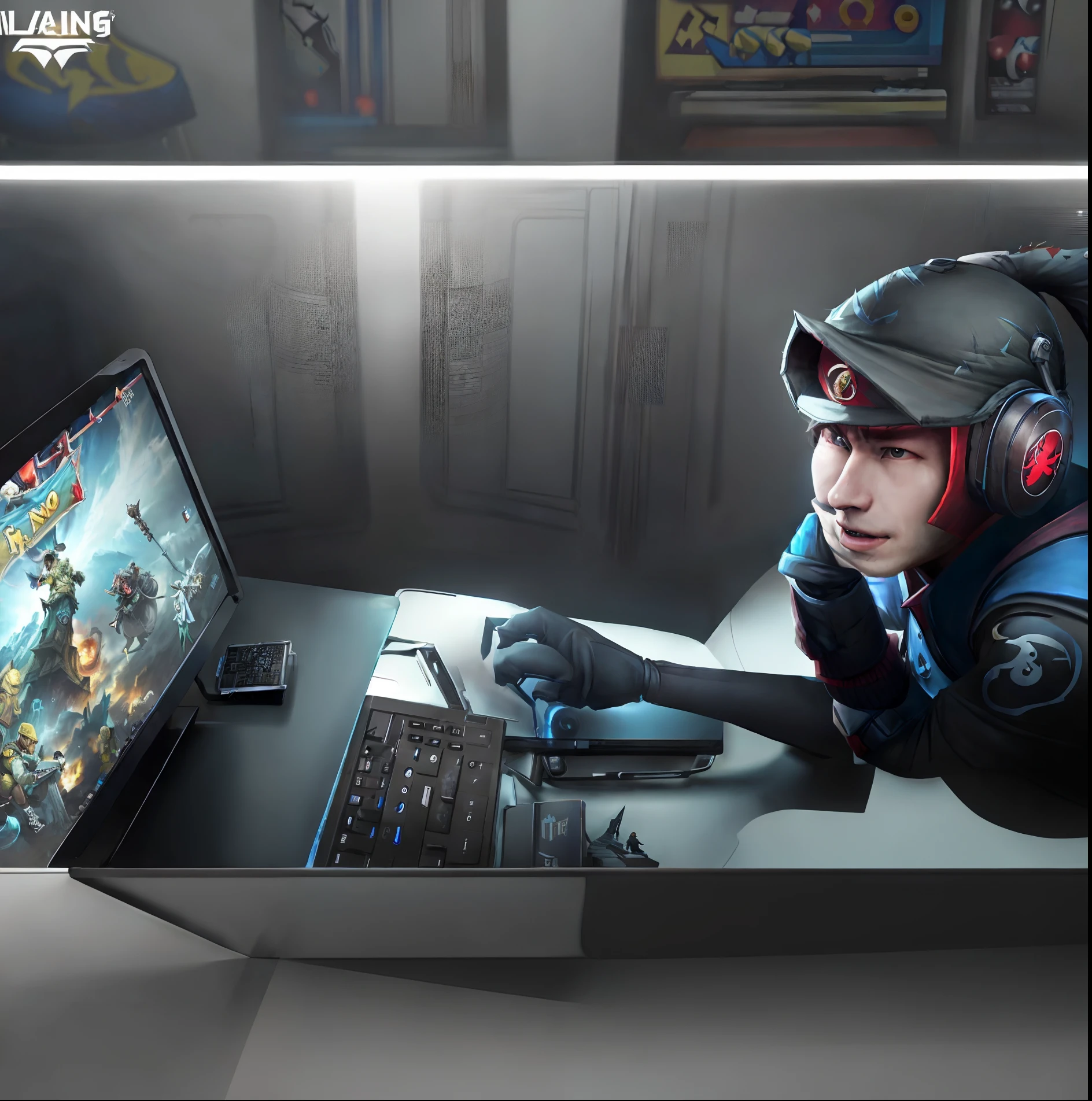 there is a man sitting at a desk with a laptop and a mouse, playing computer games, playing games, gaming, low quality video, inspired by Cao Buxing, pc gaming,, league of legends style, hero from dota 2, playing dnd, video - game