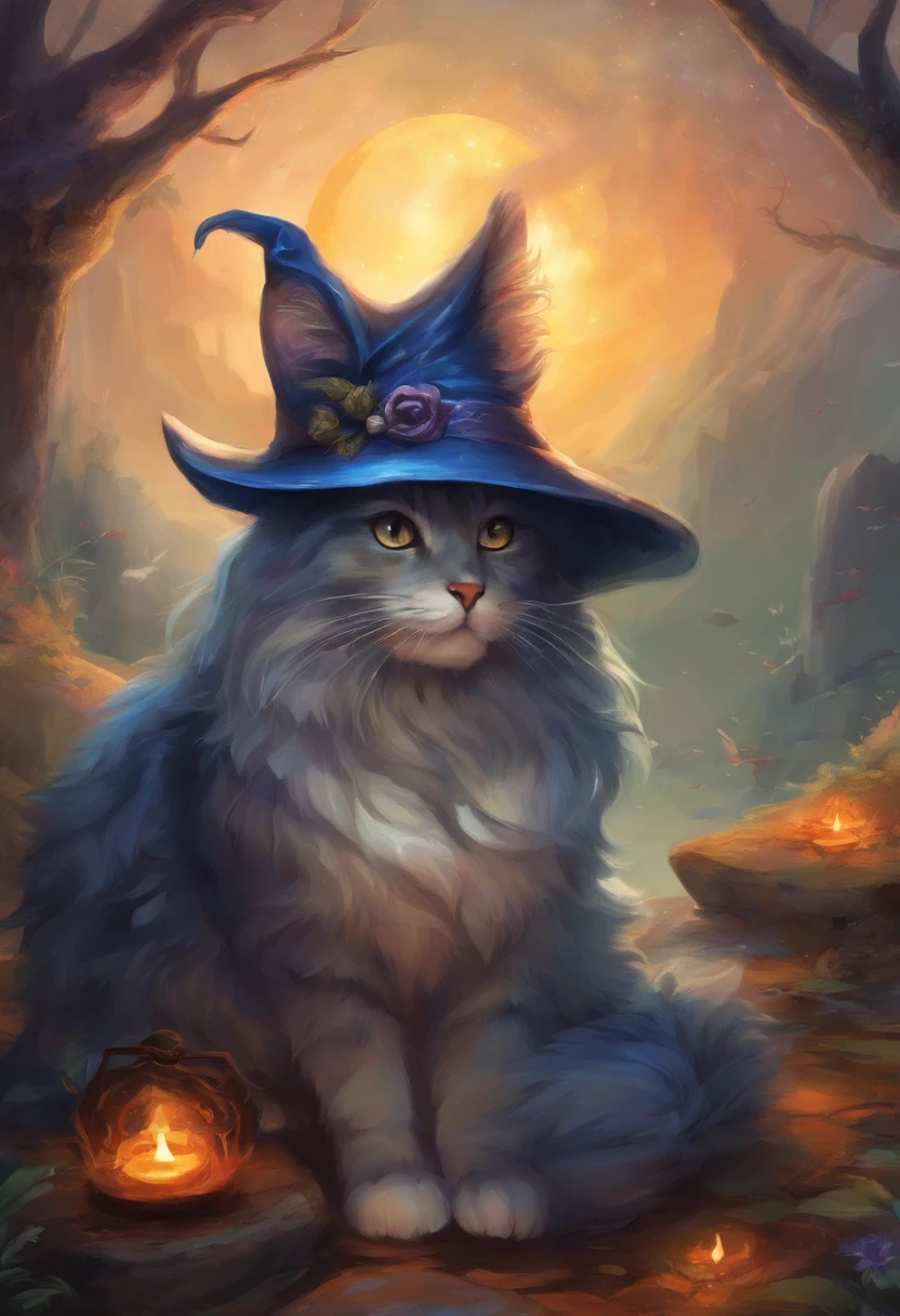 a close up of a cat wearing a witch hat sitting on a rock, cat witch, witchy, oil painting of cat witch, scarry but bewitching, witch, with bewitching eyes, classical witch, with a bewitching voice, bewitching, witch fairytale, a witch, black cat, anime cat, blue witch hat