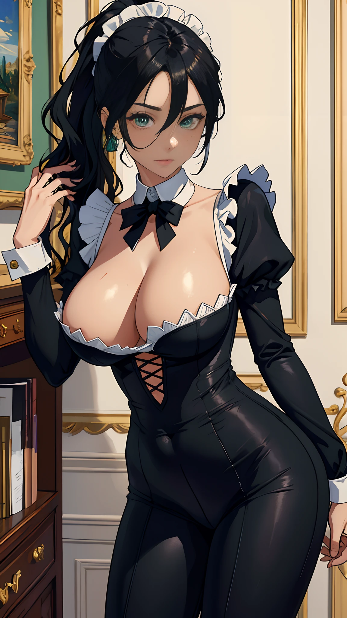 (masterpiece, hiquality, absurdress) 1Woman, black hair, Disheveled tufts of hair tucked into a ponytail, Green eyes, a perfect face, amazing body, big breasts, ((Best Quality)), ((Masterpiece)), (Detailed:1.4), Wavy Hair, , Detailed eyes and face, Designer home suit, Maid costume, cosplay, Clean the house, High-heeledshoes