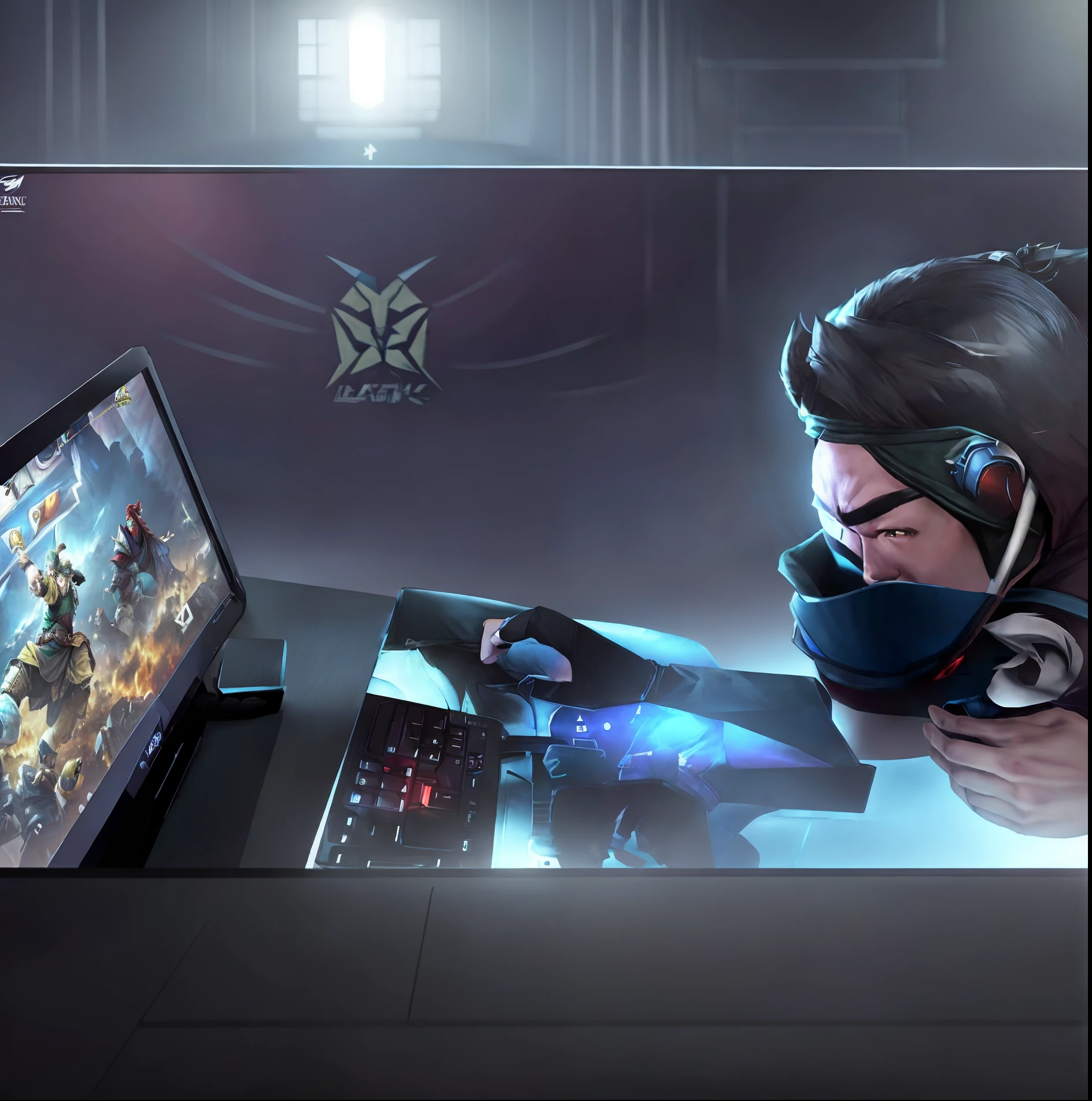 there is a man sitting at a desk with a laptop and a mouse, playing computer games, playing games, gaming, low quality video, inspired by Cao Buxing, pc gaming,, league of legends style, hero from dota 2, playing dnd, video - game