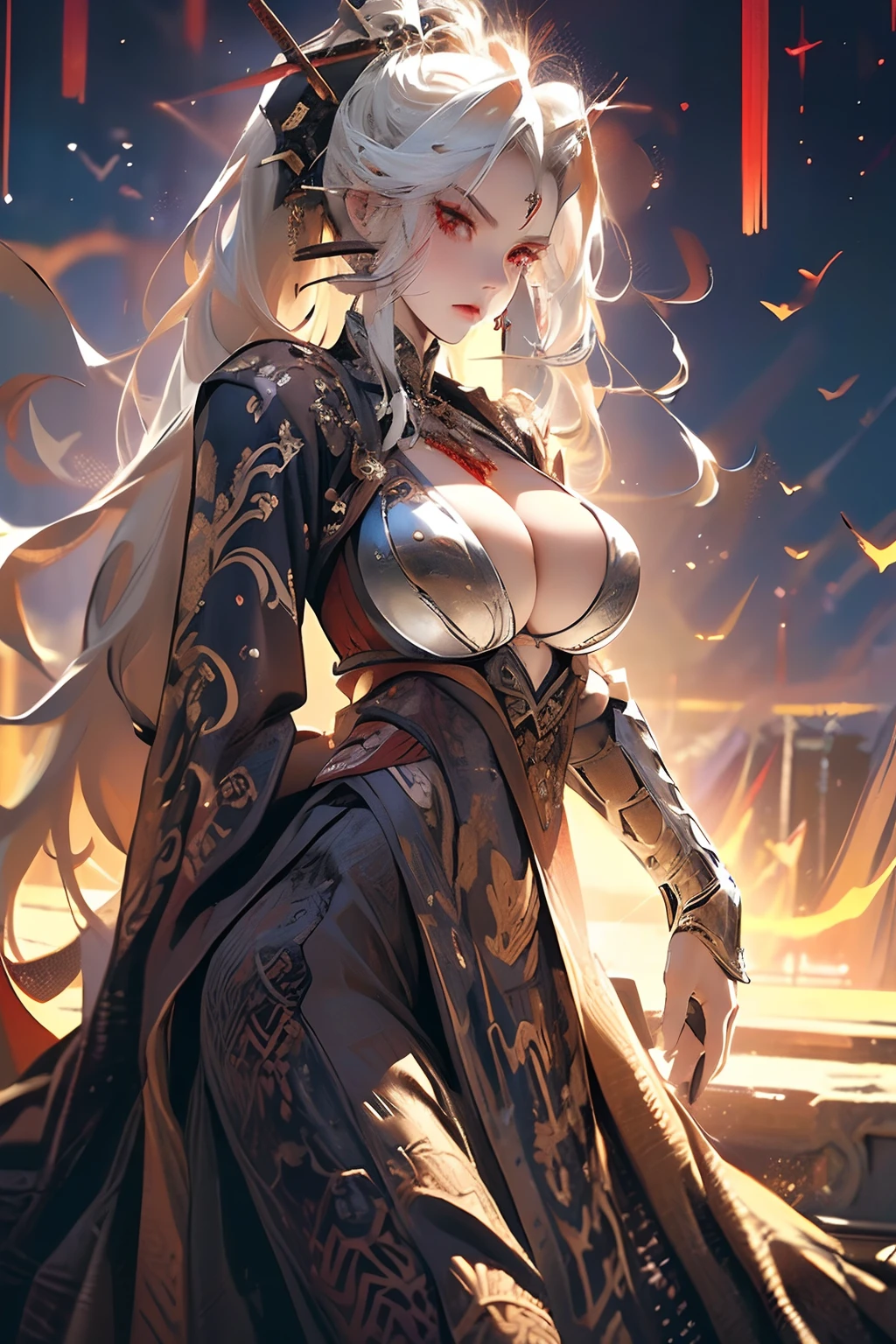 female, solo, ((knight)), ((showing skin)), armor, (white hair), long hair, red eyes, ((detailed face)), ((serious look)), ((anime armor)),((majestic looking)), RTX, HIGH DETAIL, BEATUFIL, ((cleavage)), ((big breasts)), ((pony tail)), ((slutty)), (bikini armor)