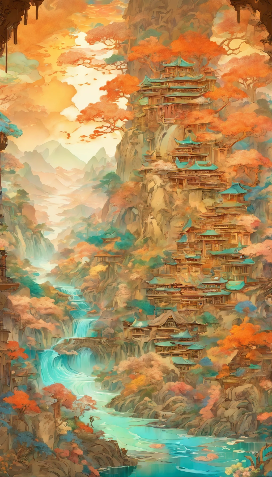 Colorful steampunk transparent landscape embroidery color ink pattern porcelain bottle front panoramic body view,The style of Jingdezhen porcelain,The bottles are embossed and carved into colorful mechanical parts,The main body is made of gold wire windings,Colorful glazes, Photography。Real light and shadow,refractions,Reflection,High light transmittance,lightand shade contrast, High contrast,Extremely dispersed,intricately details,8K rendering,Art Station and Pixiv trends. Epic picture, the wallpaper,Filmquality,Intricate and deep details,Strong sense of three-dimensionality. Created by Giger, Artgerm and Greg Rutkowski, Alphonse Mucha, CGSesociety.