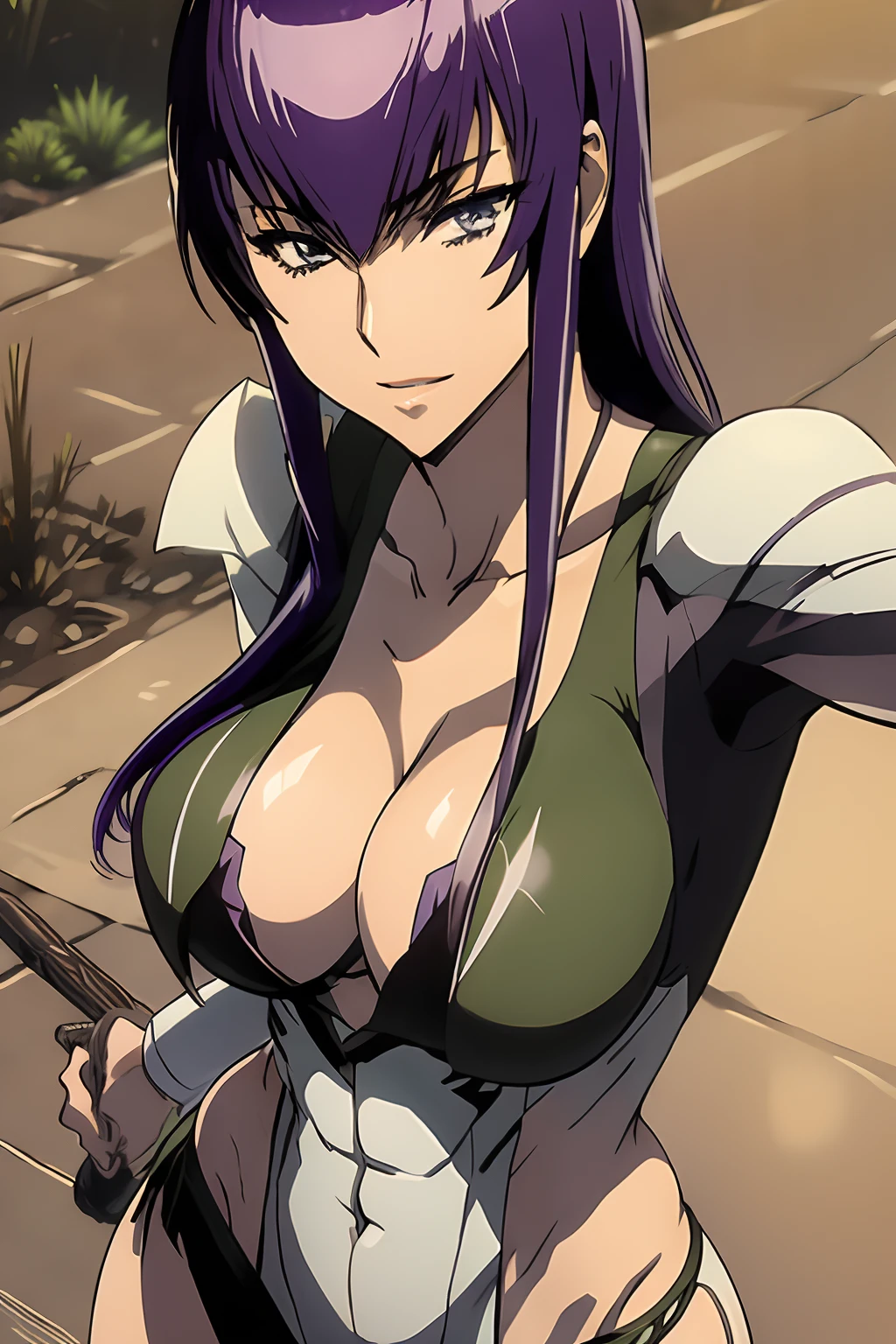 Saeko Busujima, traje de Supergirl, superman, Powergirl, cuerpo completo, capa verde, capa ondeando, Traje blanco, cielo, medio dia, tierra, sol,