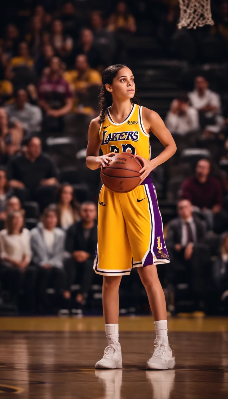 Jenna Ortega jogando basquete vestindo uniforme do Los Angeles lakers