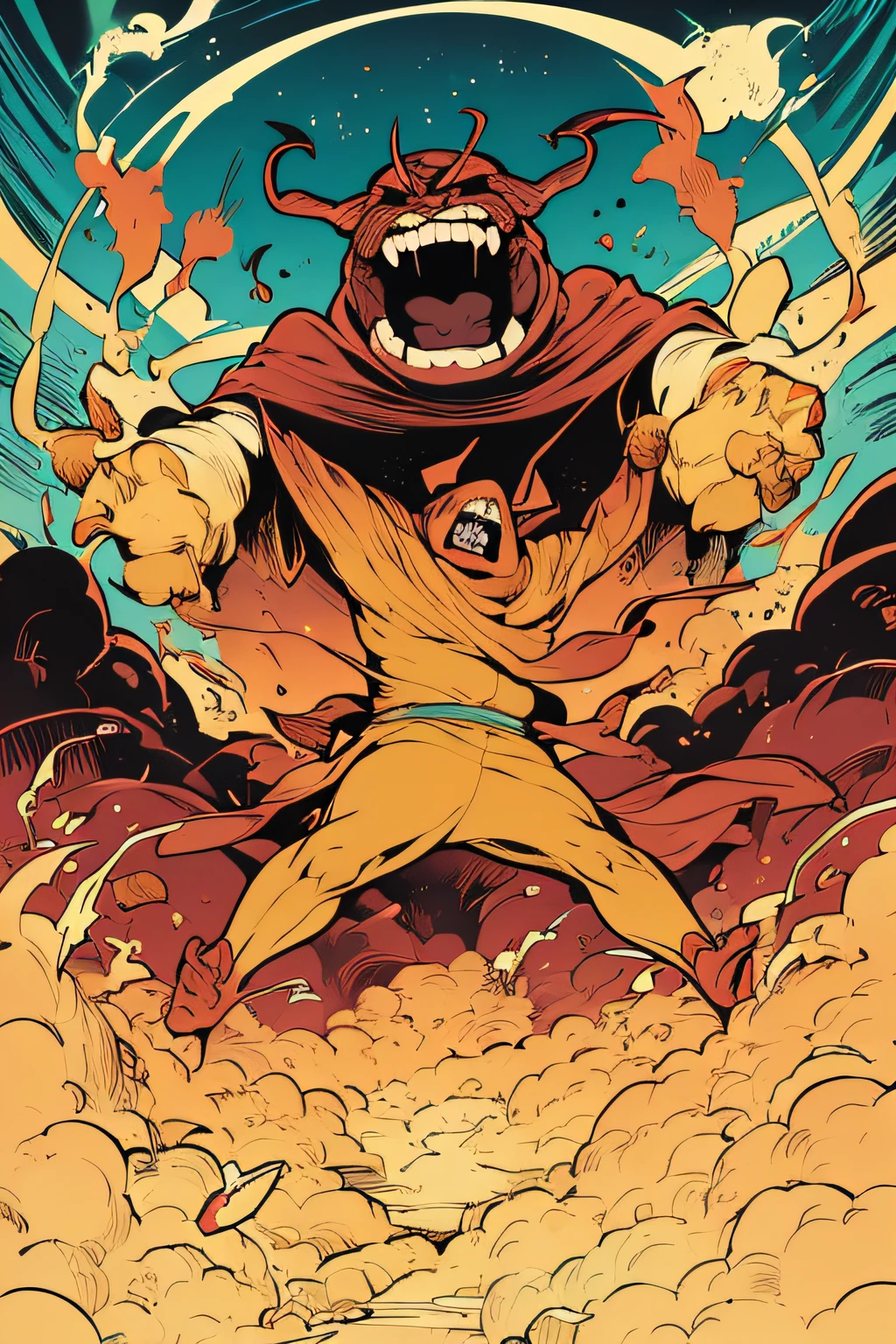 Depiction of a plump giant of hell laughing with open arms、Yellow costume、lightning bolt、pluma
