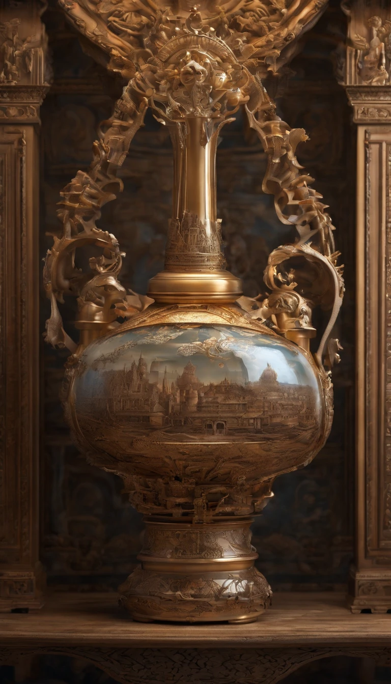 Colorful steampunk transparent landscape embroidery color ink pattern porcelain bottle front panoramic body view,The style of Jingdezhen porcelain,The bottles are embossed and carved into colorful mechanical parts,The main body is made of gold wire windings,Colorful glazes, Photography。Real light and shadow,refractions,Reflection,High light transmittance,lightand shade contrast, High contrast,Extremely dispersed,intricately details,8K rendering,Art Station and Pixiv trends. Epic picture, the wallpaper,Filmquality,Intricate and deep details,Strong sense of three-dimensionality. Created by Giger, Artgerm and Greg Rutkowski, Alphonse Mucha, CGSesociety.