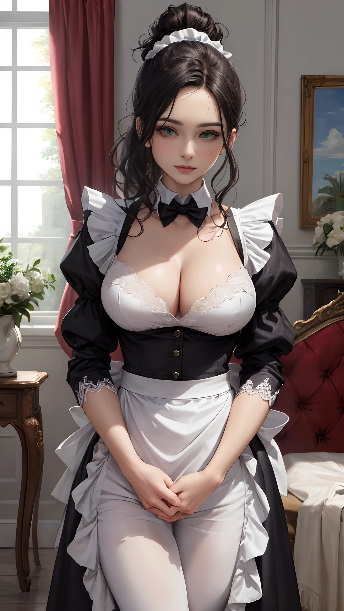 (Masterpiece, hiquality, absurdress) 1Woman, black hair, messy bun hair, Hair gathered in a ponytail, Green eyes, a perfect face, amazing body, big breasts, ((Best Quality)), ((Masterpiece)), (Detailed:1.4), Wavy Hair, , Detailed eyes and face, Designer home suit, Maid costume, cosplay, Clean up the house, High-heeledshoes