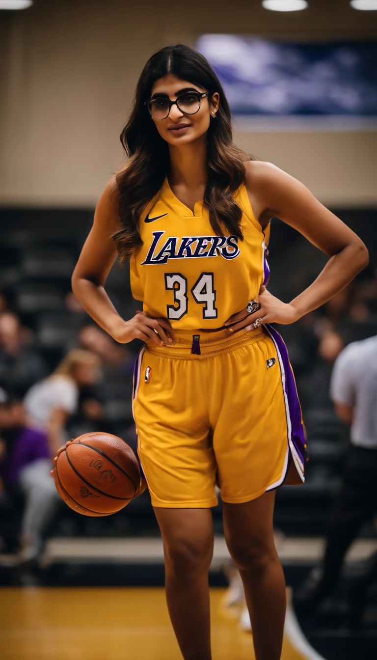 mia khalifa ex atriz porno, jogando basquete vestido o uniforme do Los Angeles lakers