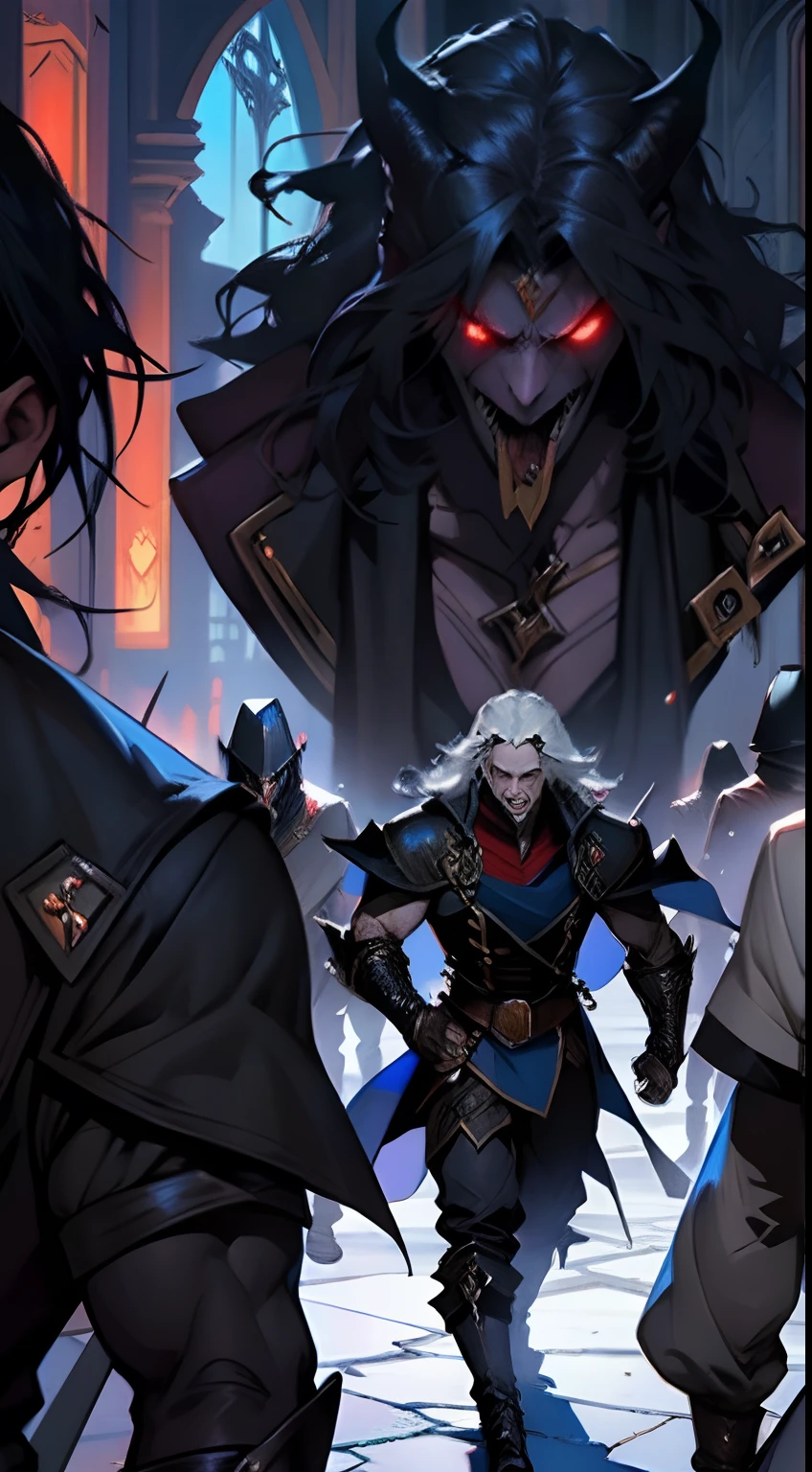 Castlevania Lord of the shadows hyper realistic super detailed Dynamique shot of lord Dracula leading troops army of demons to battle War hyper realistic super detailed faces expressions hyper realistic super detailed poses muscular men master piece scene cinématique atmosphère de guerre