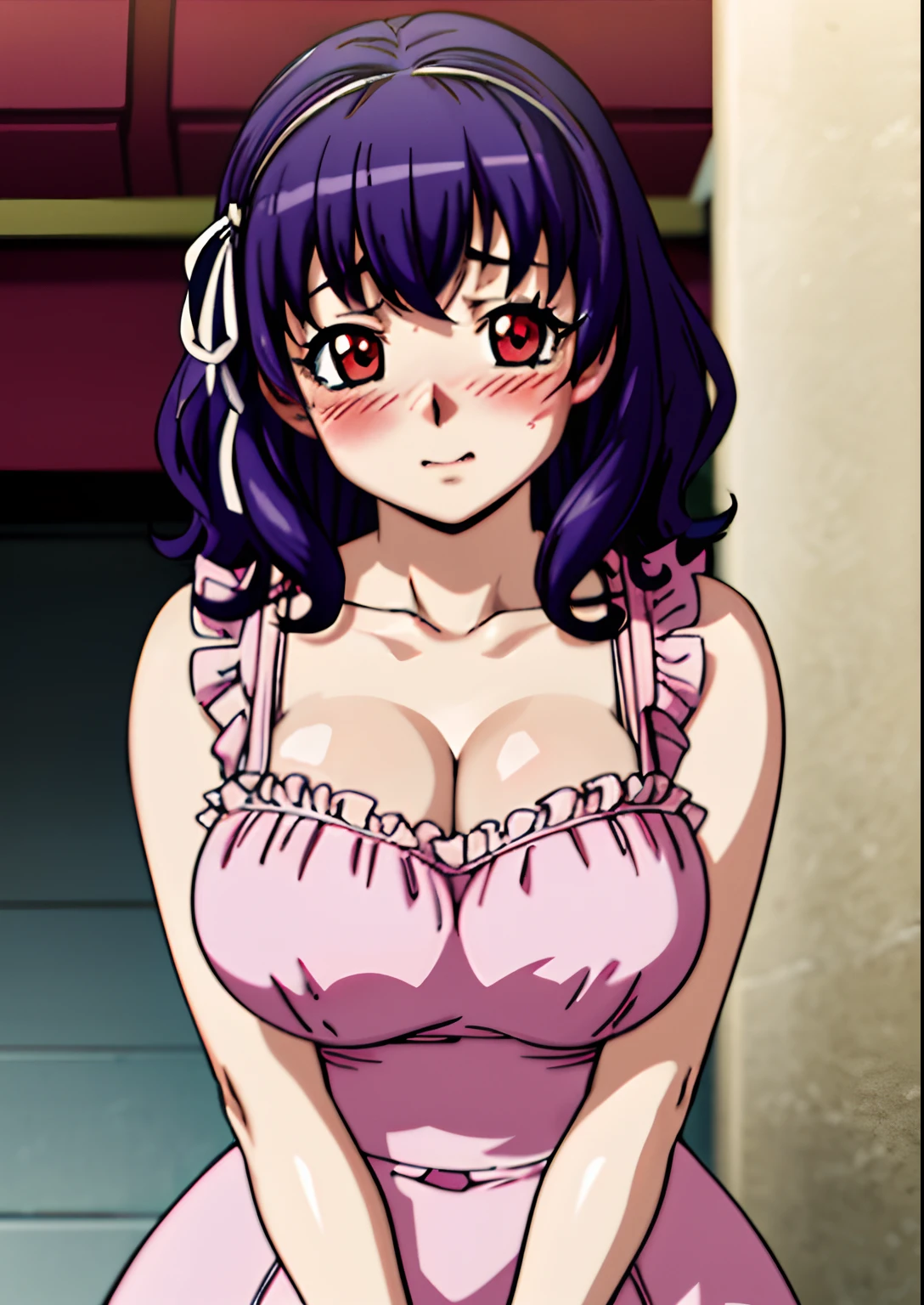 best quality, masterpiece, upper body, standing, solo focus,
1girl,yamanobe tomo, purple hair, red eyes, medium hair, huge breasts, cleavage, (frills:1.2), white frilled dress, looking at viewer, mall, (blush:1.2), happy, (crowd:0.5), hairband,dbsuper style