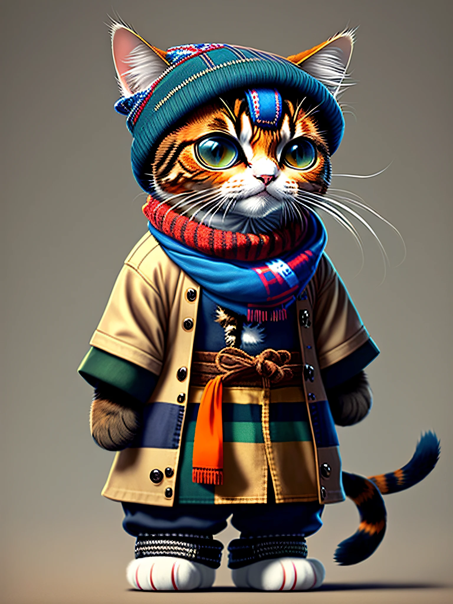 Image of a cat with cap and scarf, Art Station Trend, vestido com roupas punk, hyper realistic detailed rendering, British gang member, estilo urbano, pose intimidadora, planeta dos gatos, roupas da moda, samurai urbano, miau, West Slavic traits, 8 1 5,funny cat