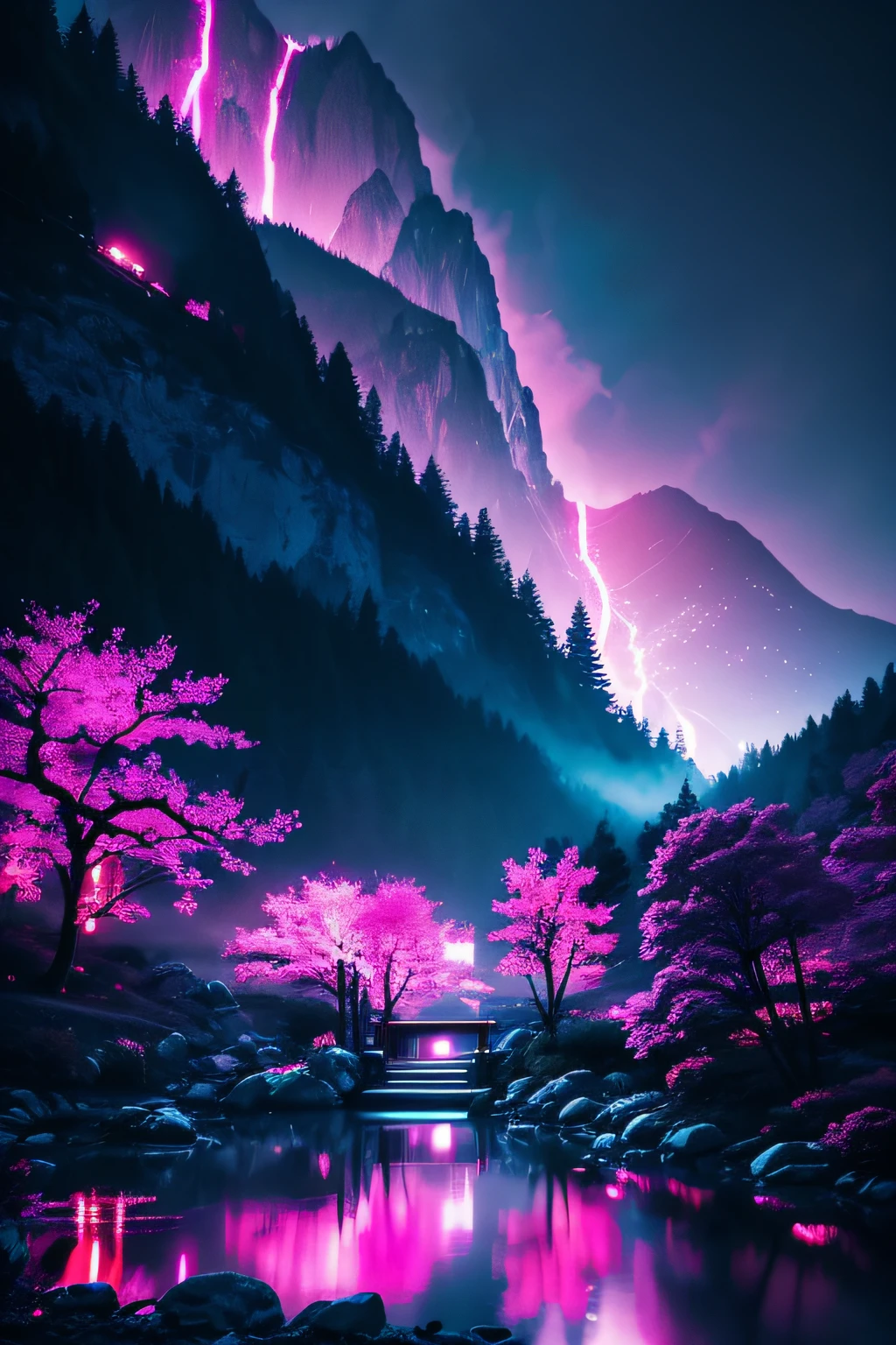 a peaceful luminous fushia neon electronic glitch rain in a night sky with mountains Japanese landscape waterfall lake contrast blur fog clouds sakura detailed