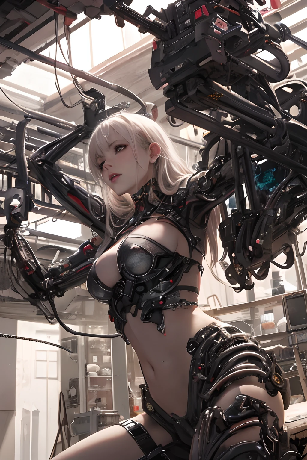 Beautiful Alluring delicate mechanical synth female, Metal Chrome Bare Skin, Athletic Well Toned Body, exposed mechanichal ribs, mechanical joints, mechanical limbs, wires instead of hair, In Modern Laboratory, laying in a repair table, character focus, Barely Clothed, glowing neon parts, Cyberpunk Theme, sciennce fiction theme, gritty, Beautiful D&D Character Portrait, Beautiful Face, Ominous, Dark Fantasy, Fiverr Dnd Character, Octane Render, Digital Art, Extreme Detail, 4k, Ultra Hd, Polished, Beautiful, Hyperdetailed, Intricate, Elaborate, Meticulous, Photorealistic, Sharp Focus, Wlop, Character Design, Unreal Engine, 3d Rendered, Volumetric Lighting, Reflections, Glossy, Digital Illustration, Sensual Pose, Suggestive Pose, Full Body, naked, visible , puffy , 💖❤💕💋❣