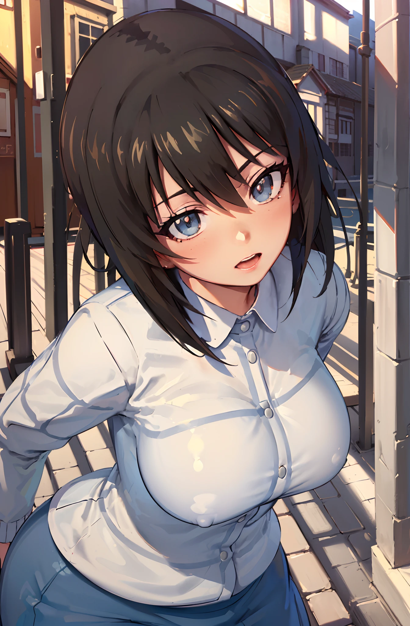 (masterpiece, best quality:1.4),(milf:1.5), official art, realistic shaded perfect body, seductive nishizumi maho portrait, 1girl,solo,girls und panzer, nishizumi maho, brown hair, brown eyes, short hair,medium hair, hair between eyes,undersized clothes,(thick thigs:1.3),(wide hips:1.4), (dark blue sweater on top collared white uniform:1.5), long sleeves,(blue skirt:1.4),standing,looking at viewer,happy, outdoors,/(pathway in a park/),naughty face, flustered, surprised,(masterpiece, best quality:1.4),high quality, highly detailed,detailed,perfect,(Highres), (Detailed Illustration), Ultra-Detailed, Ambient Light, Realistic Shadows, Detailed Face, (Detailed Hair:1.2), Dim Lighting, Indirect Lighting, Reflections, Detailed Face, (Detailed Hair:1.2), (Desaturated:1.4), (Hyper-Detailed Eyes:1.2), (Detailed Hair:1.2), (Hyper-Detailed Eyes:1.4), (Detailed Eyes:1.6),