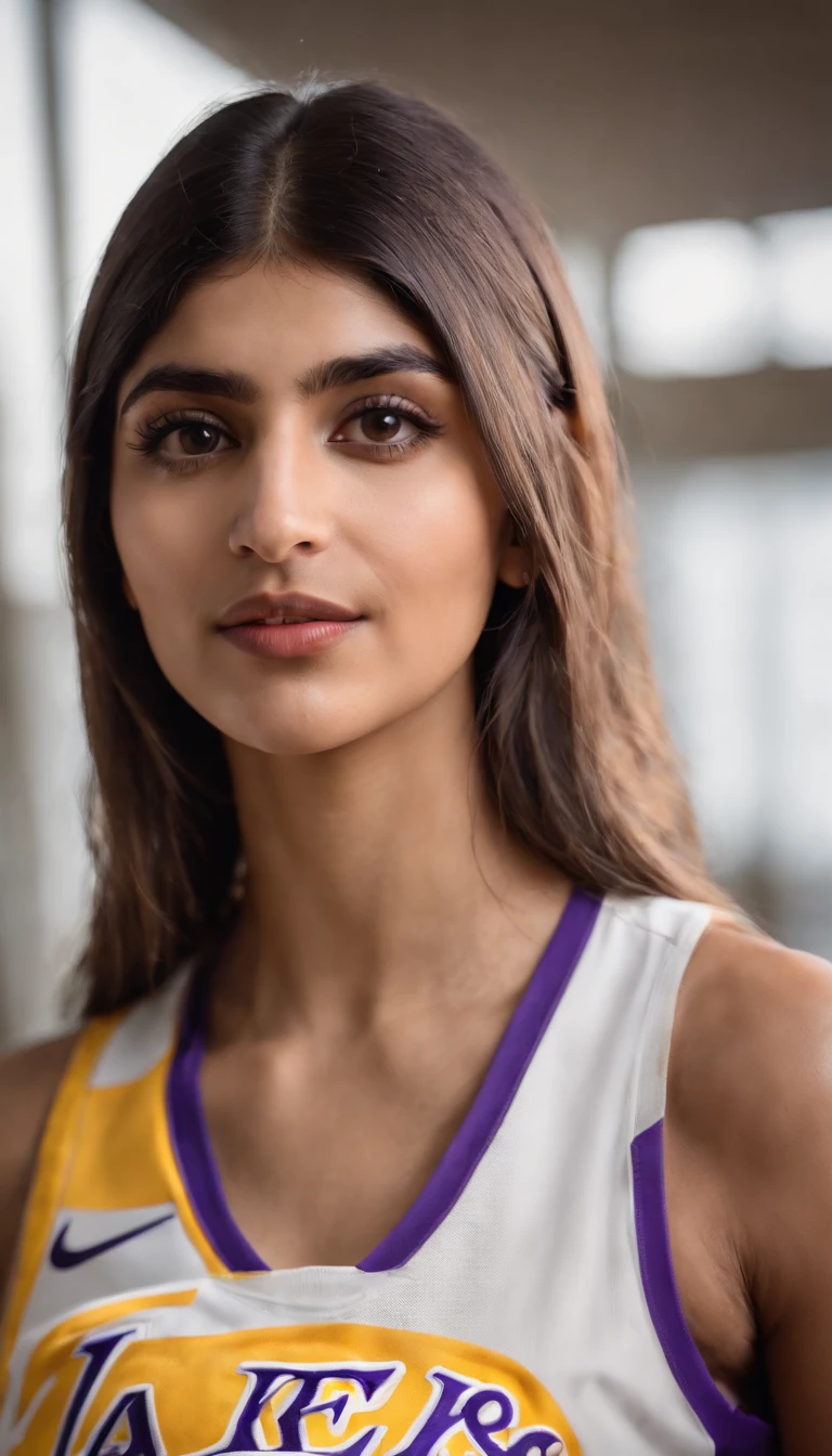 mia khalifa ex atriz porno, jogando basquete vestido o uniforme do Los Angeles lakers