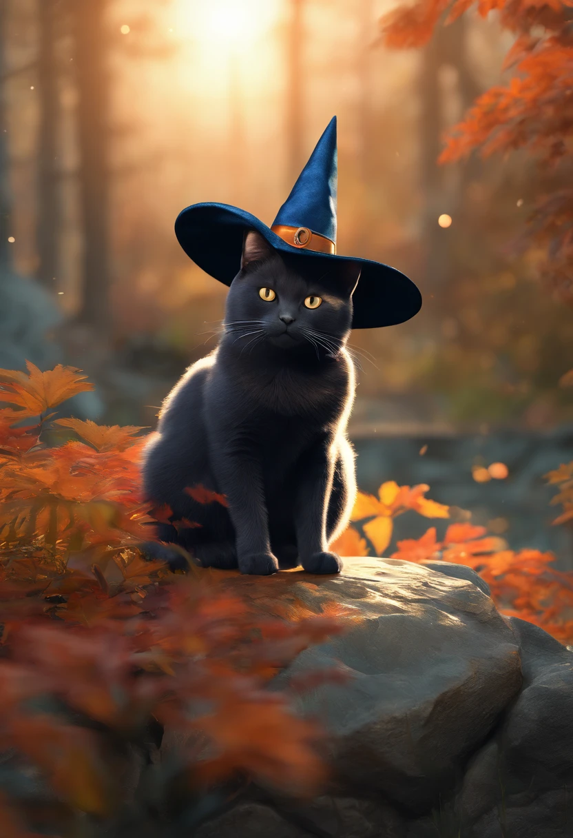 a close up of a cat wearing a witch hat sitting on a rock, cat witch, witchy, oil painting of cat witch, scarry but bewitching, witch, with bewitching eyes, classical witch, with a bewitching voice, bewitching, witch fairytale, a witch, black cat, anime cat, blue witch hat