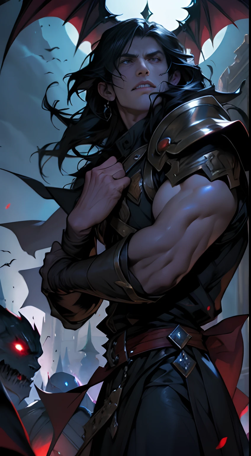 Castlevania Lord of the shadows hyper realistic super detailed Dynamique shot of lord Dracula leading troops army of demons to battle War hyper realistic super detailed faces expressions hyper realistic super detailed poses muscular men master piece scene cinématique atmosphère de guerre