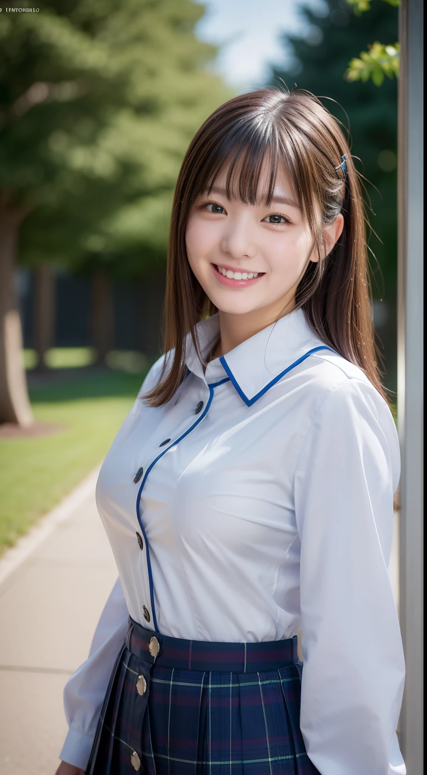 Enhanced dynamic perspective，Cute cute beautiful girl，JK school uniform，Look at me and smile，simple backgound，Works of masters，high quarity，4K resolution，super-fine，Detailed pubic hair，acurate，Cinematic lighting，Leaves the original facial proportions、(large full breasts)、((buttonGap))