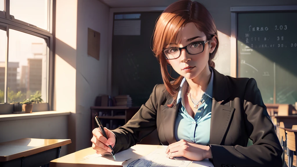 Drawing, Ultra photo realsisim, 8K, Extremely detailed, in the best quality, A woman, Looks 30 years old, teachers, with glasses, In a classroom, talking to students.