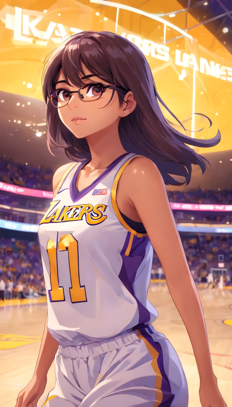 mia khalifa ex atriz , jogando basquete vestido o uniforme do Los Angeles lakers