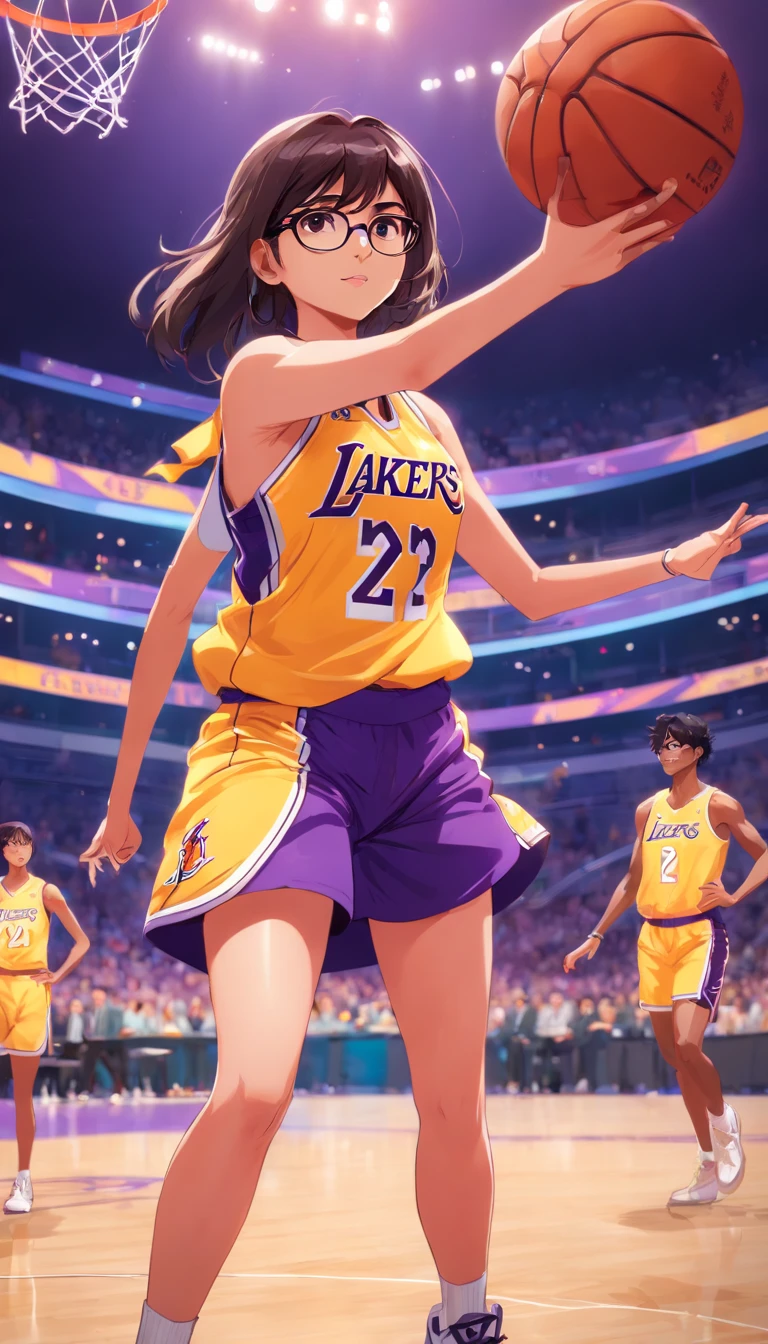 mia khalifa ex atriz , jogando basquete vestido o uniforme do Los Angeles lakers
