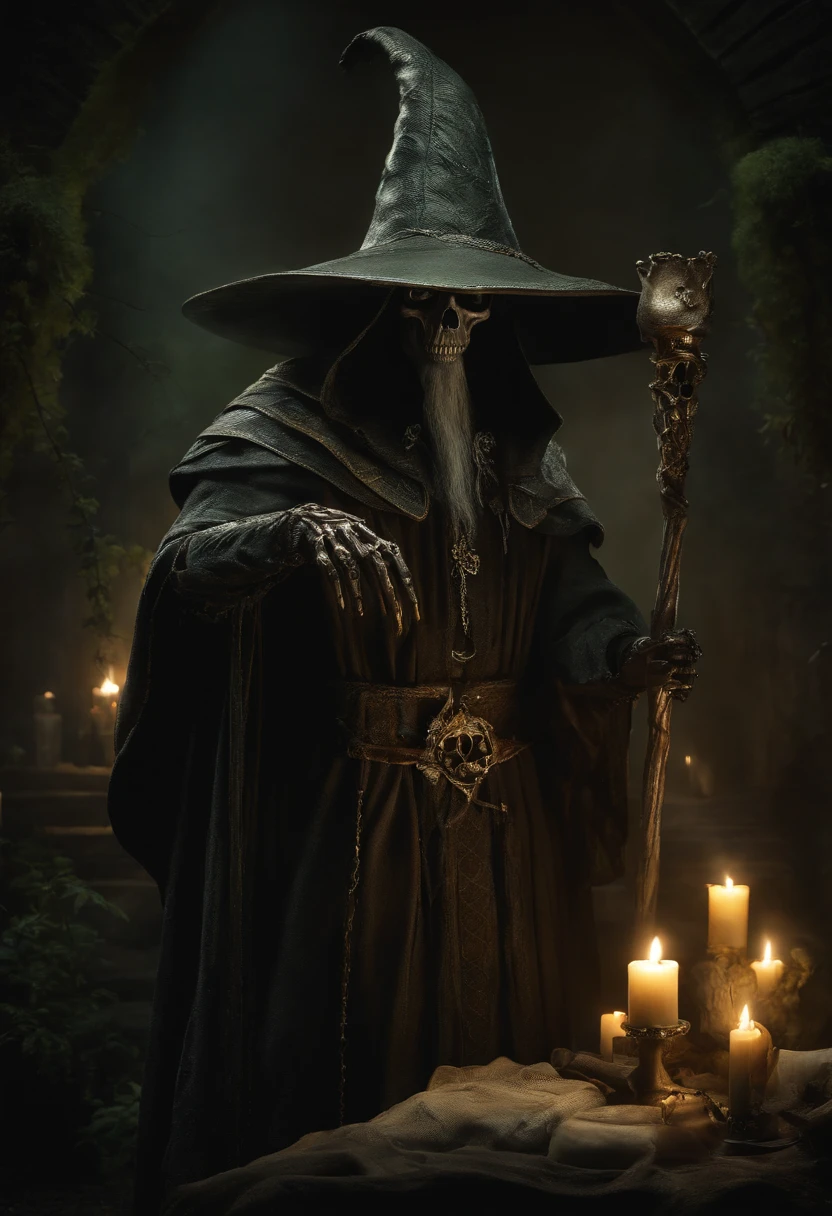 Crie um desenho aterrorizante de um bruxo bruxo. This wizard is a being of darkness, his face is skeletal, com olhos afundados e sem pupila, apenas uma chama ardente. Their skin is stretched like parchment and covered in mysterious runes that seem to move. on the headpiece, He wears a wide-brimmed hat, cujas sombras escondem seu rosto, e pingando dele pingando com cera derretida, as if the hat were a lit candle. His torn black cloak seems to be made of living shadows that stretch to infinity. The wizard holds a twisted staff with a human skull at the end, e um escuro, viscous substance oozes from the skull. Around it is a circle of candles that burn in green flames and exude a sulfurous smell. The background is dark and full of sinister shadows.
