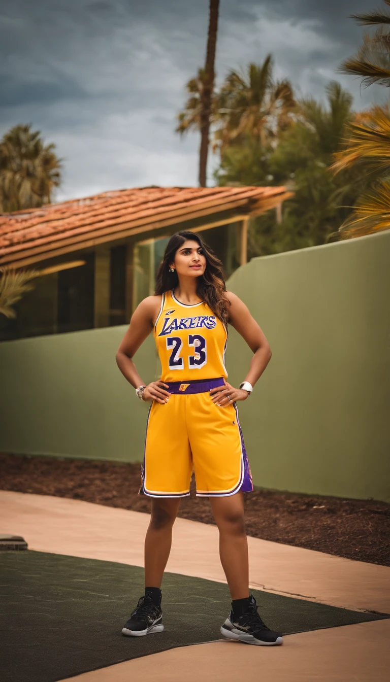 mia khalifa ex atriz , jogando basquete vestido o uniforme do Los Angeles lakers