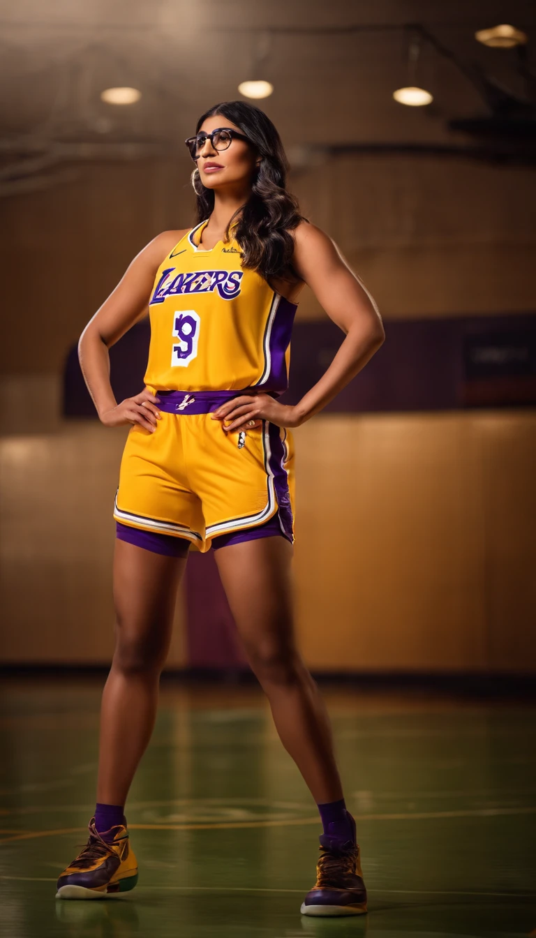 mia khalifa ex atriz , jogando basquete vestido o uniforme do Los Angeles lakers