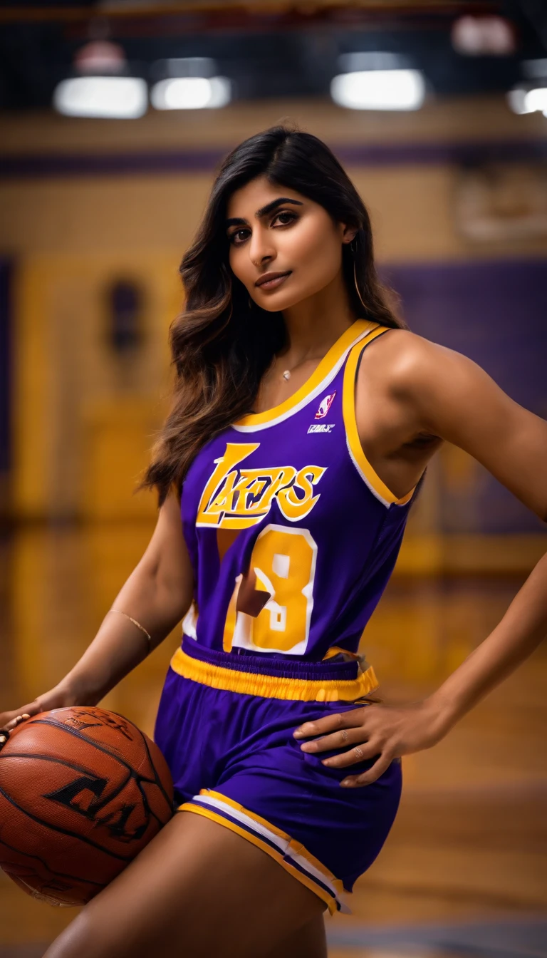 mia khalifa ex atriz , jogando basquete vestido o uniforme do Los Angeles lakers