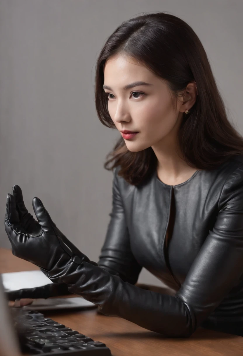 Wearing black leather gloves in both hands, upper body, black business suit, facing the desk in my room with a computer in the dark, tapping the keys of the computer keyboard with the fingertips of black leather gloves while looking at the screen, black hair bundled in the back for a long time, Japanese female new employee (black leather gloves cover both hands) (angle is in the front)