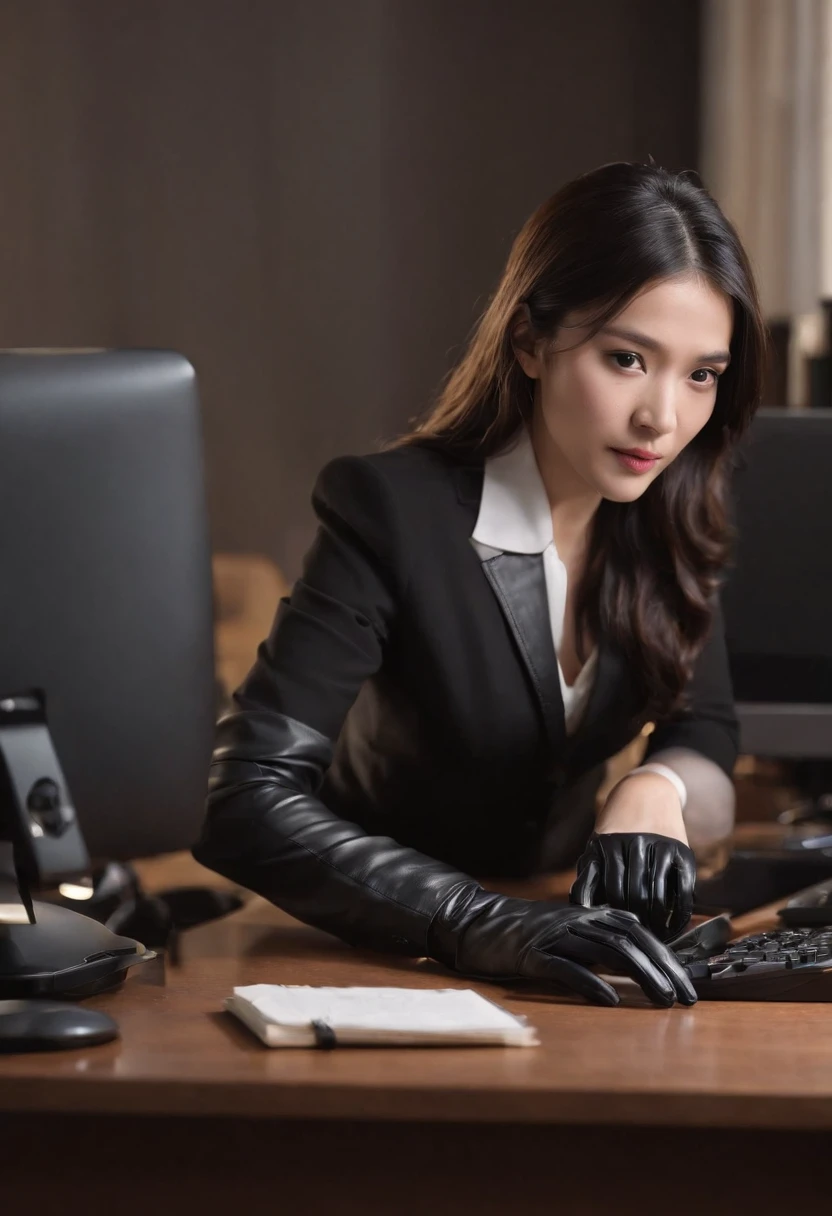 Wearing black leather gloves in both hands, upper body, black business suit, facing the desk in my room with a computer in the dark, tapping the keys of the computer keyboard with the fingertips of black leather gloves while looking at the screen, black hair bundled in the back for a long time, Japanese female new employee (black leather gloves cover both hands) (angle is in the front)