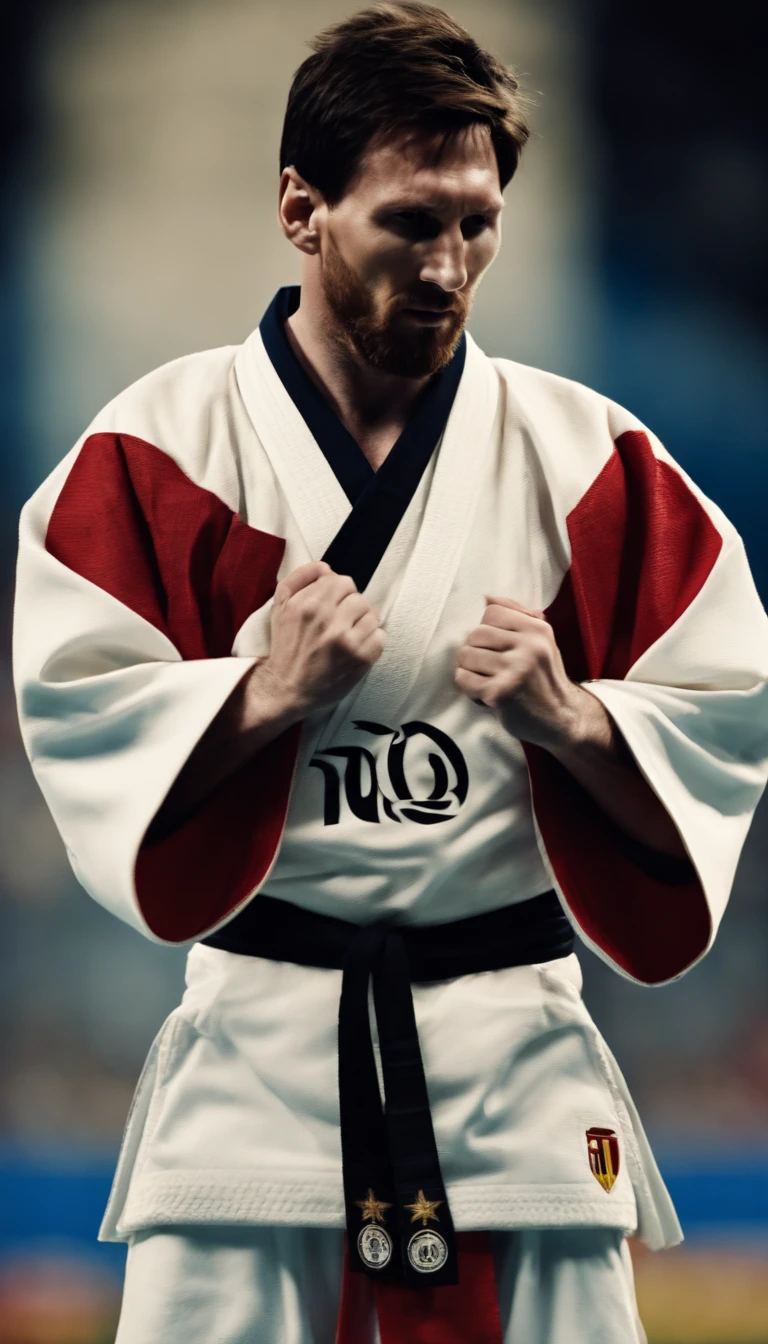 Lionel Messi wearing a karate kimono