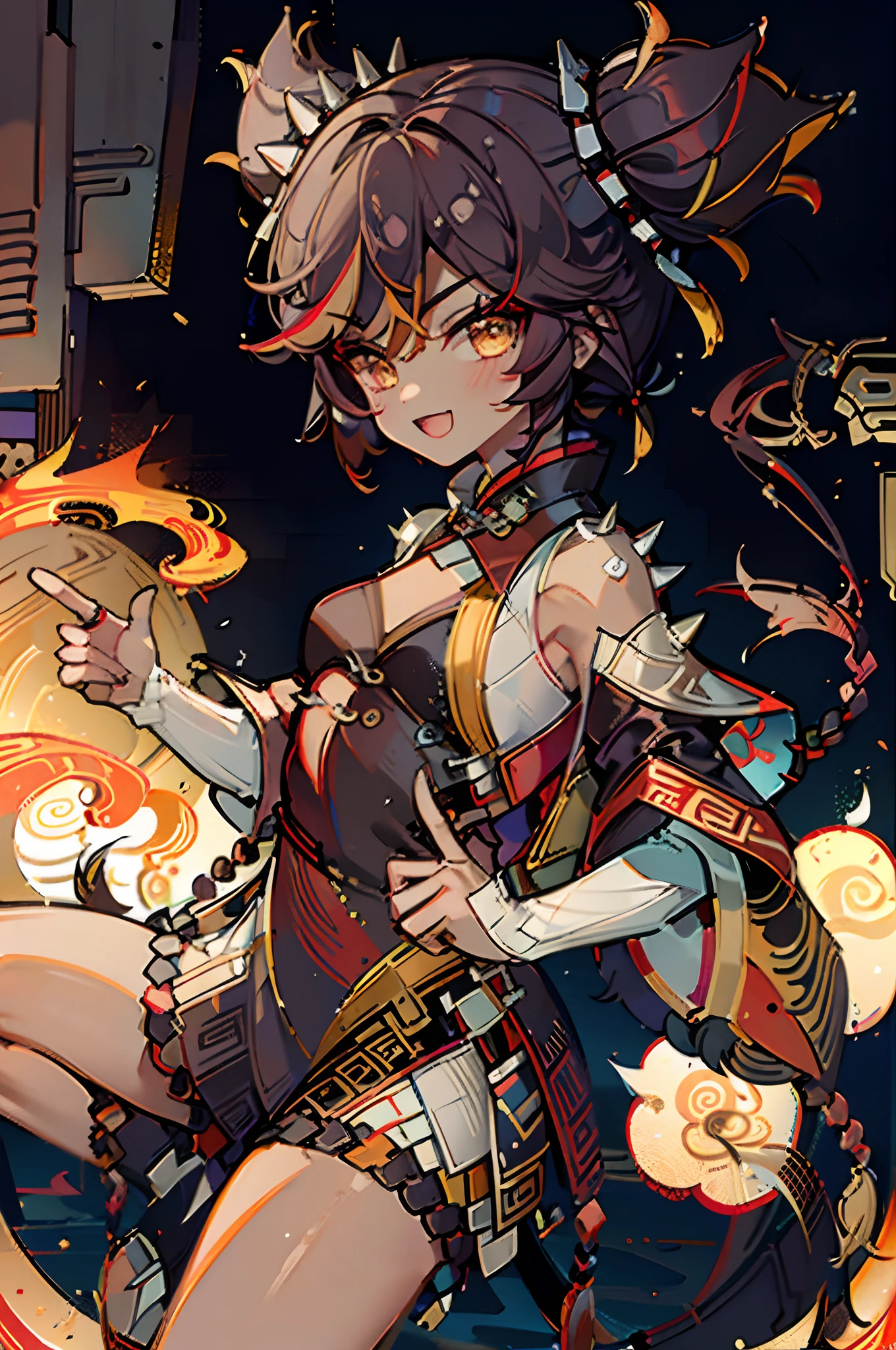 1 girl solo, dark tanned skin, dark brown hair in buns, spikes hair accessory, brown and red outfit, white sleeves, red collar, yellow eyes, dynamic pose, dancing, happy, ((old ancient chinese town background))