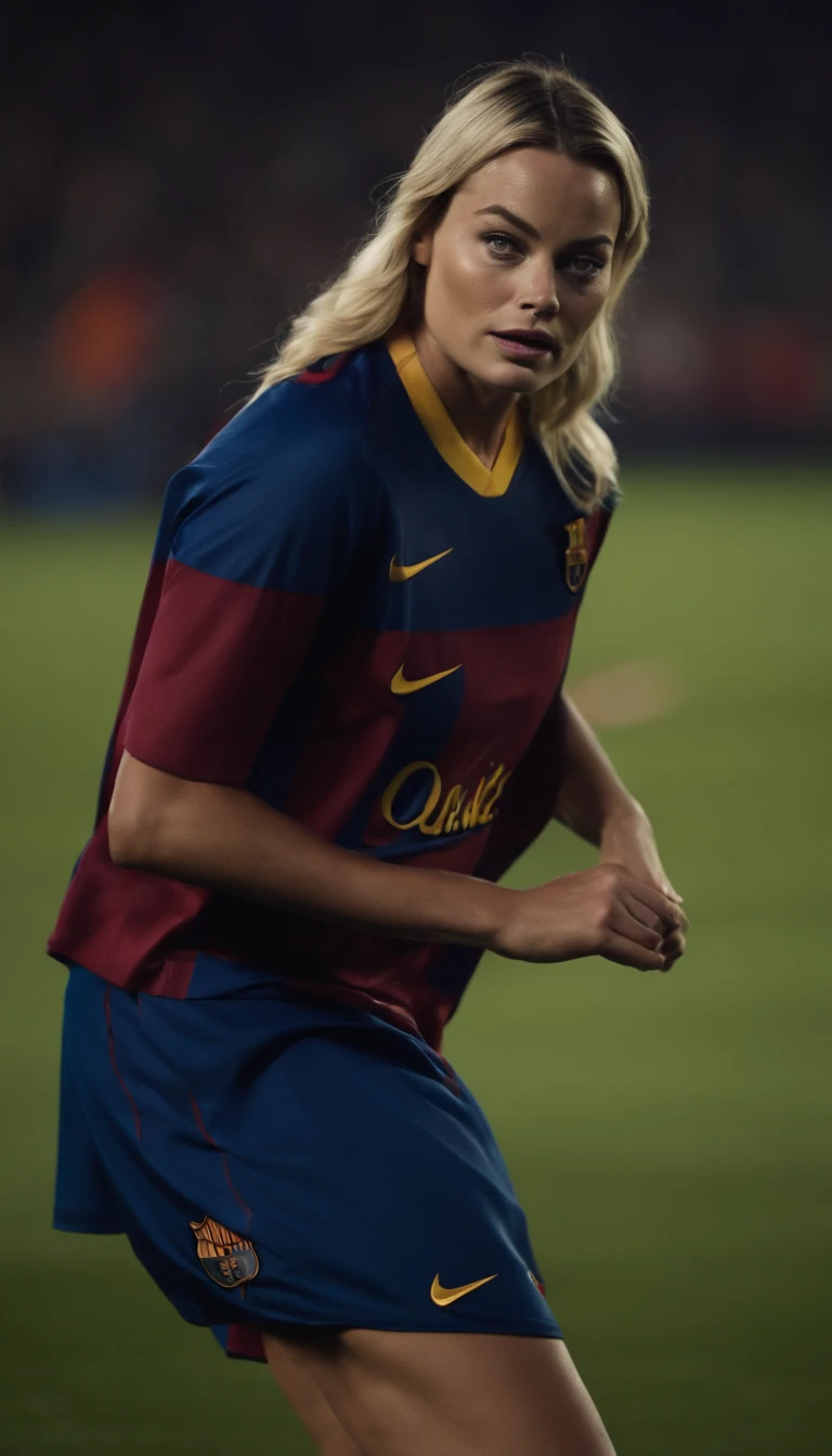 Margot Robbie vestindo o uniforme do time de Soccer Barcelona