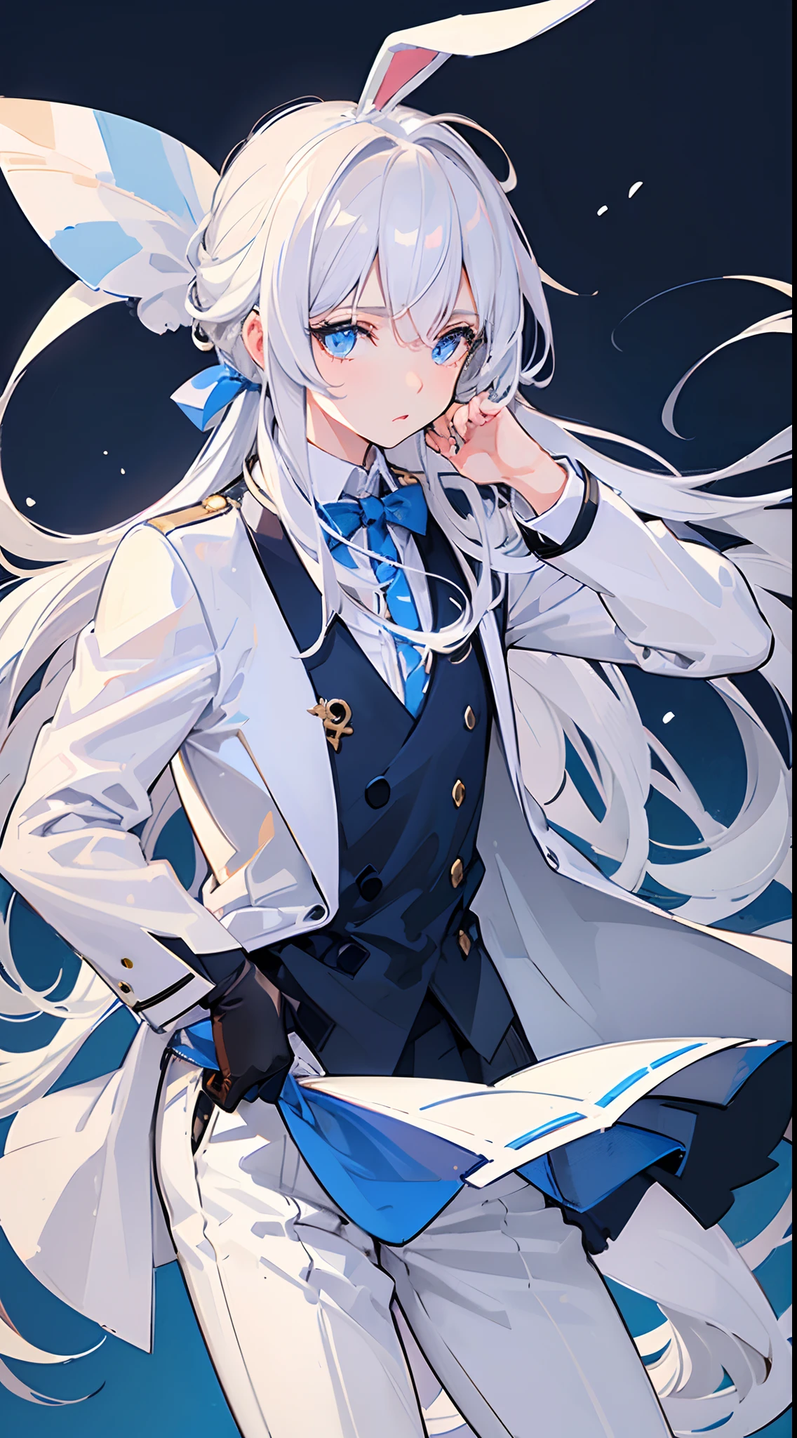 (best quality,ultra-detailed,realistic:1.37),white hair,bunny ears,boy,shot boy,detailed blue eyes,mid-length hair,light blue and white jersey,white background,no background,one person,pants