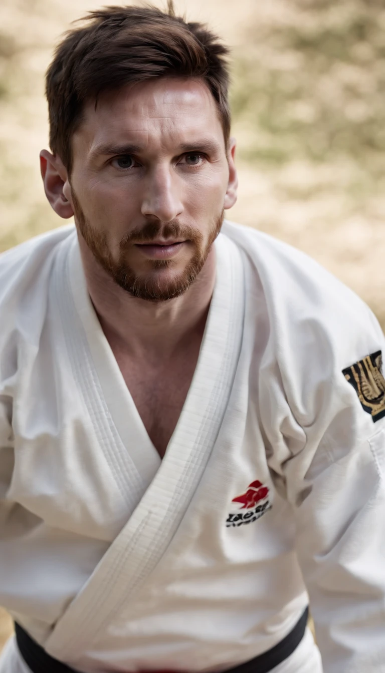 Lionel Messi wearing a karate kimono