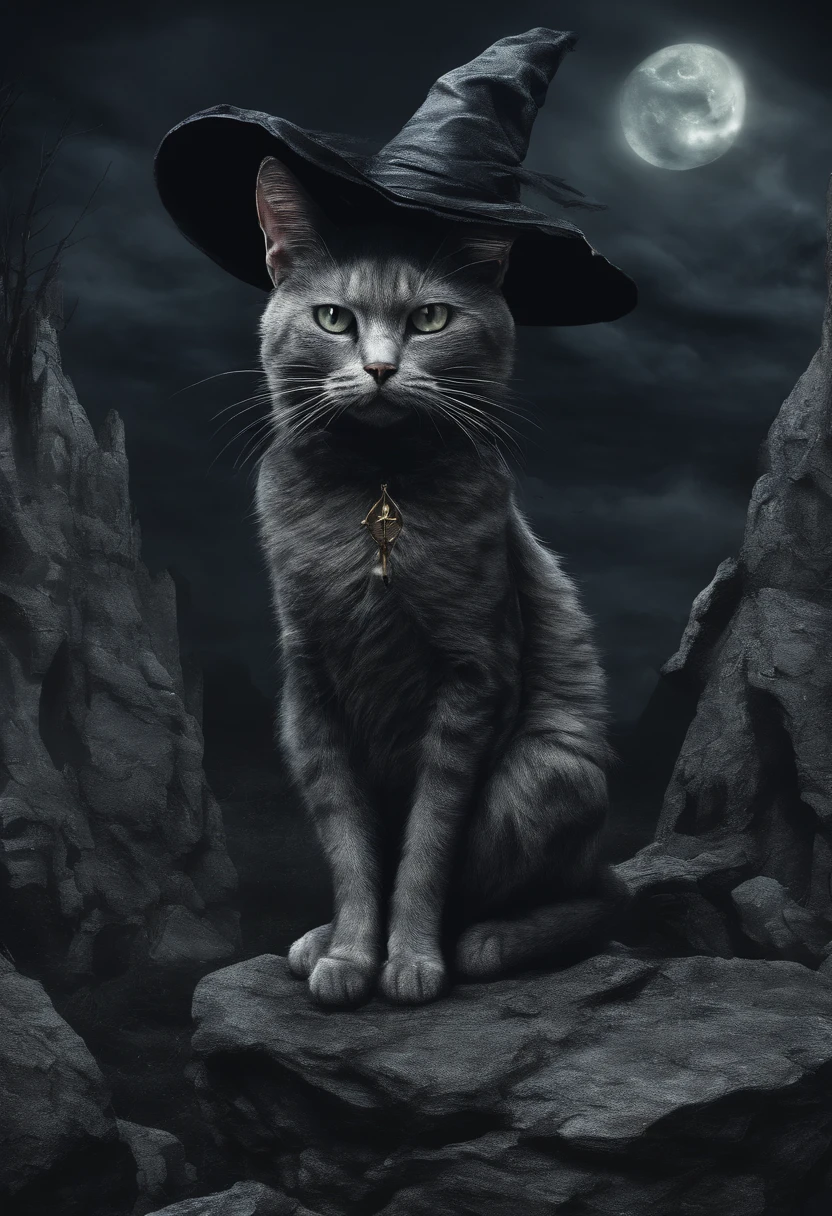 a close up of a cat wearing a witch hat sitting on a rock, cat witch, witchy, oil painting of cat witch, scarry but bewitching, witch, with bewitching eyes, classical witch, with a bewitching voice, bewitching, witch fairytale, a witch, black cat, anime cat, blue witch hat