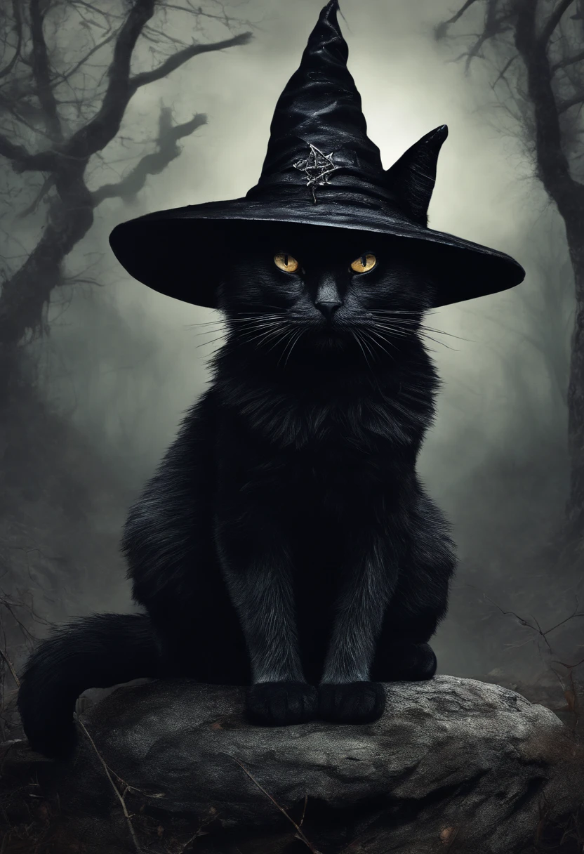 a close up of a cat wearing a witch hat sitting on a rock, cat witch, witchy, oil painting of cat witch, scarry but bewitching, witch, with bewitching eyes, classical witch, with a bewitching voice, bewitching, witch fairytale, a witch, black cat, anime cat, blue witch hat