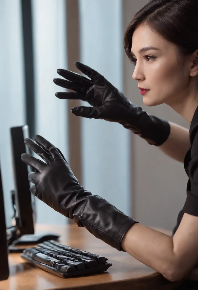 Wearing black leather gloves in both hands, upper body, black business suit, facing the desk in my room with a computer in the dark, tapping the keys of the computer keyboard with the fingertips of black leather gloves while looking at the screen, black hair bundled in the back for a long time, Japanese female new employee (black leather gloves cover both hands) (angle is in the front)